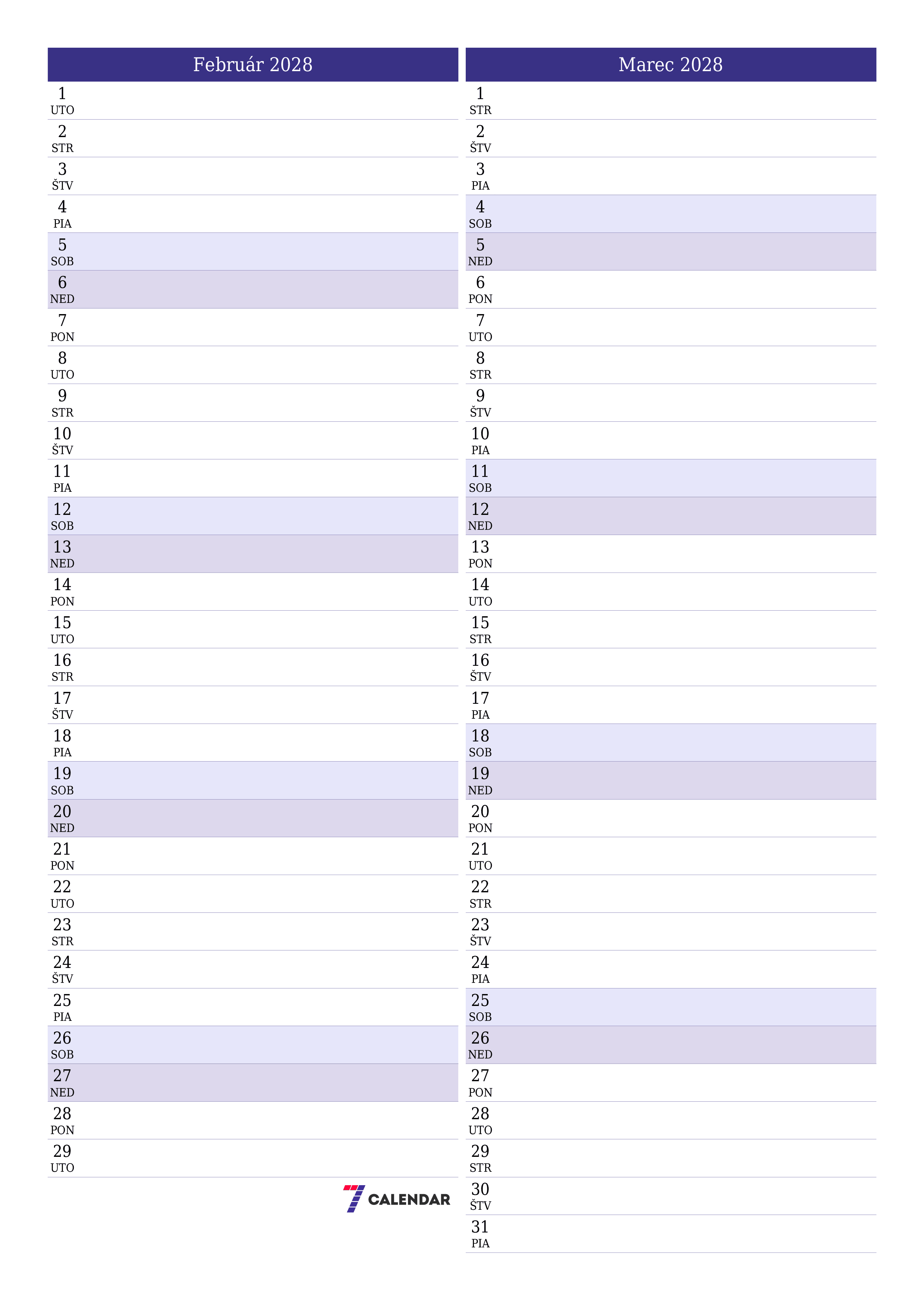 Prázdny mesačný plánovač na mesiac Február 2028 s poznámkami, uloženie a tlač do PDF PNG Slovak