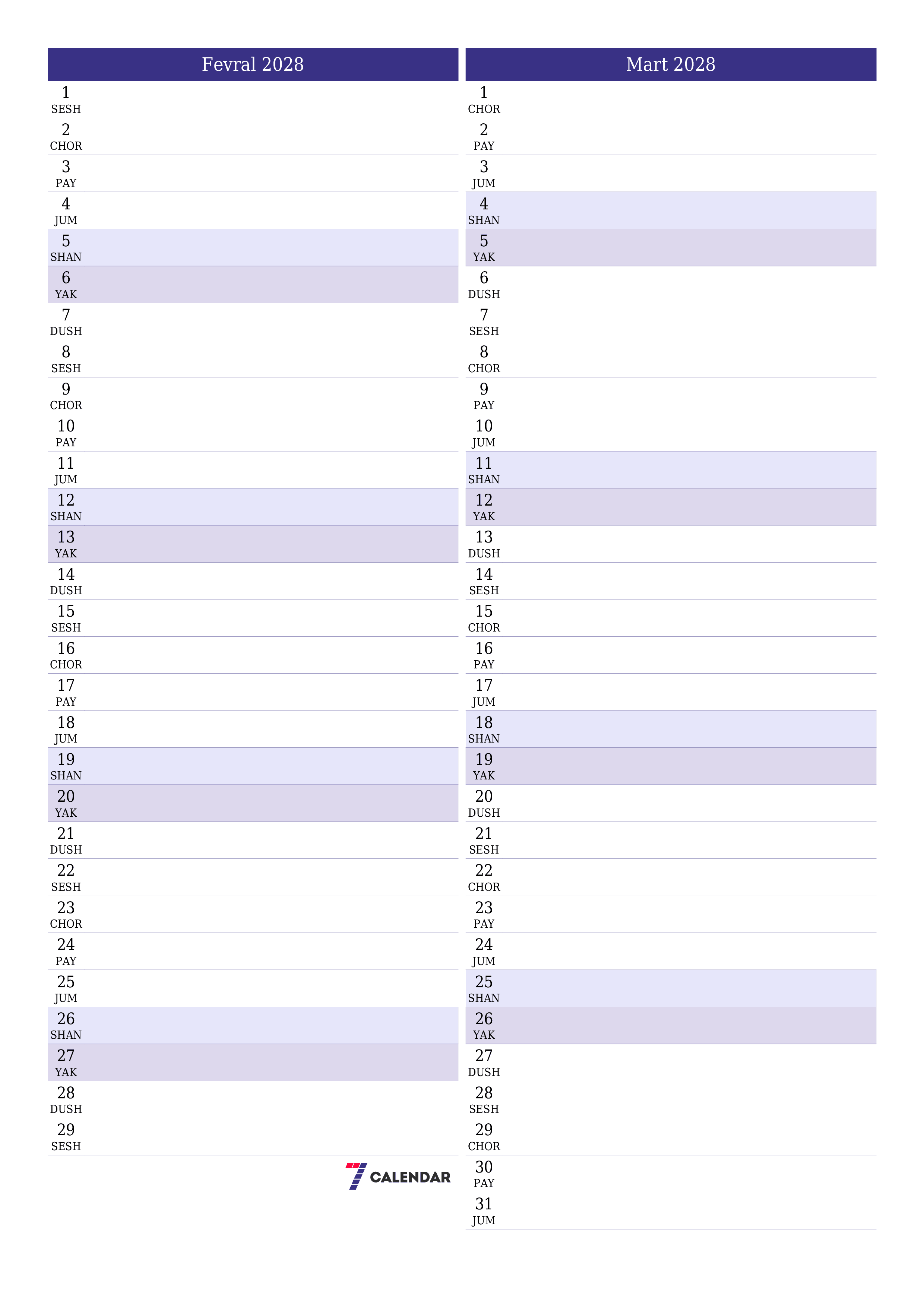 Fevral 2028 oylik oylik rejalashtiruvchini yozuvlar bilan bo'shatish, saqlash va PDF-ga chop etish PNG Uzbek