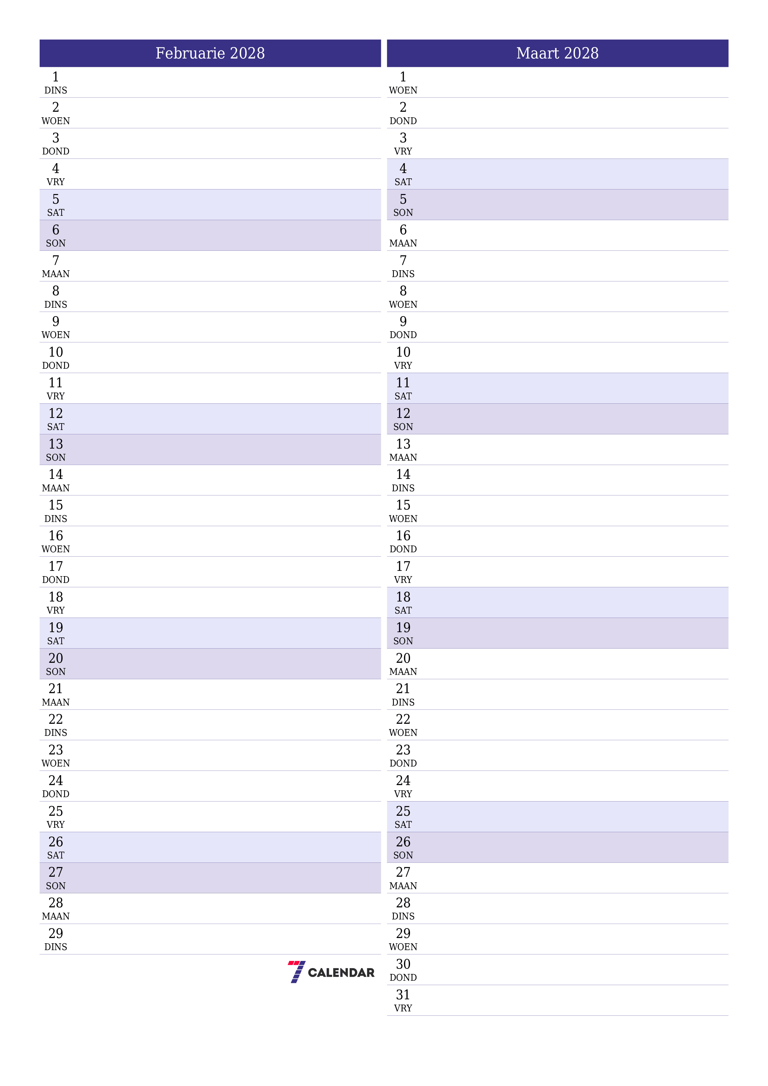 Leë maandelikse drukbare kalender en beplanner vir maand Februarie 2028 met notas stoor en druk na PDF PNG Afrikaans