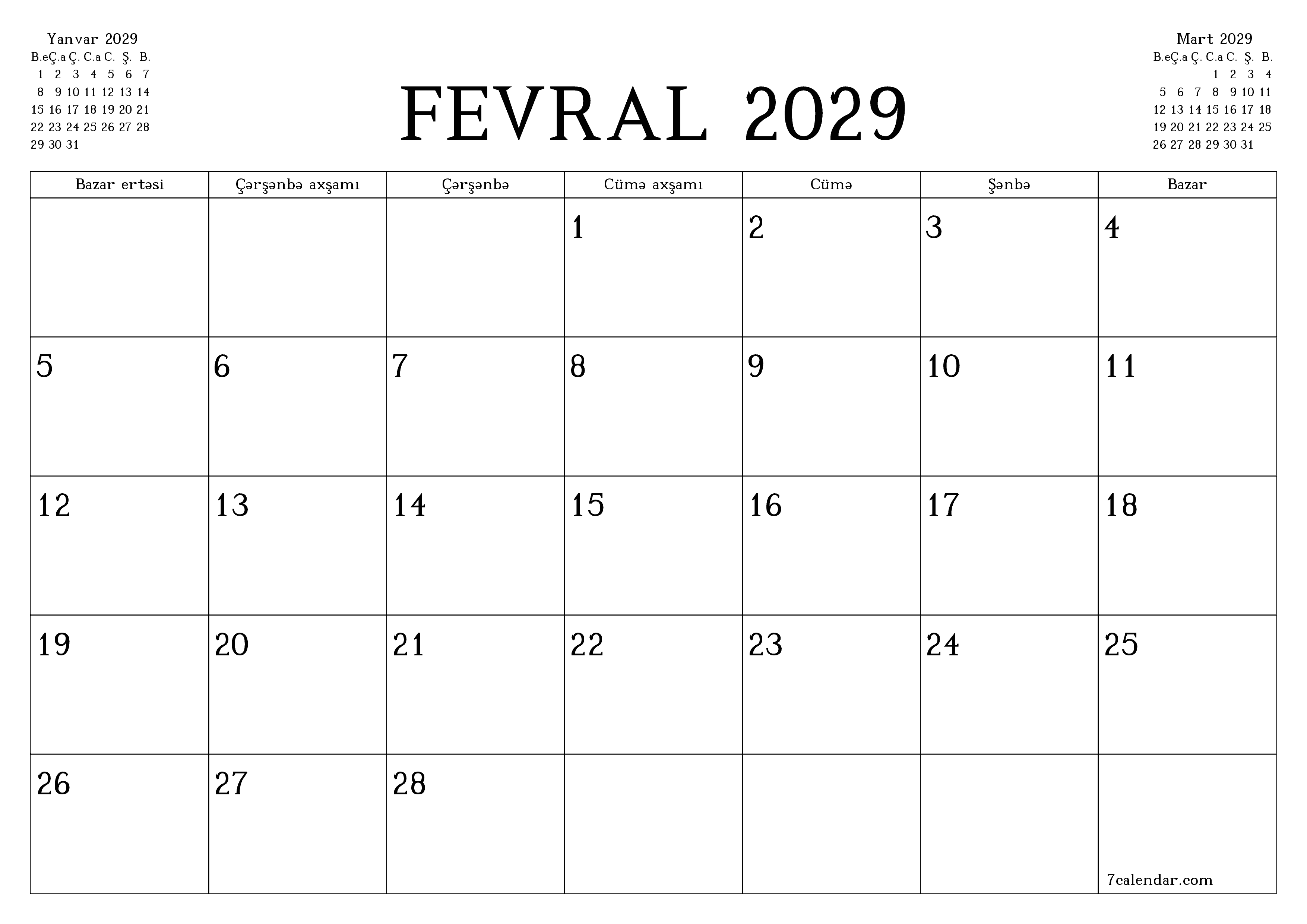 Fevral 2029 ayı üçün qeydlər ilə boş aylıq planlayıcı, qeyd edin və PDF-ə yazdırın PNG Azerbaijani