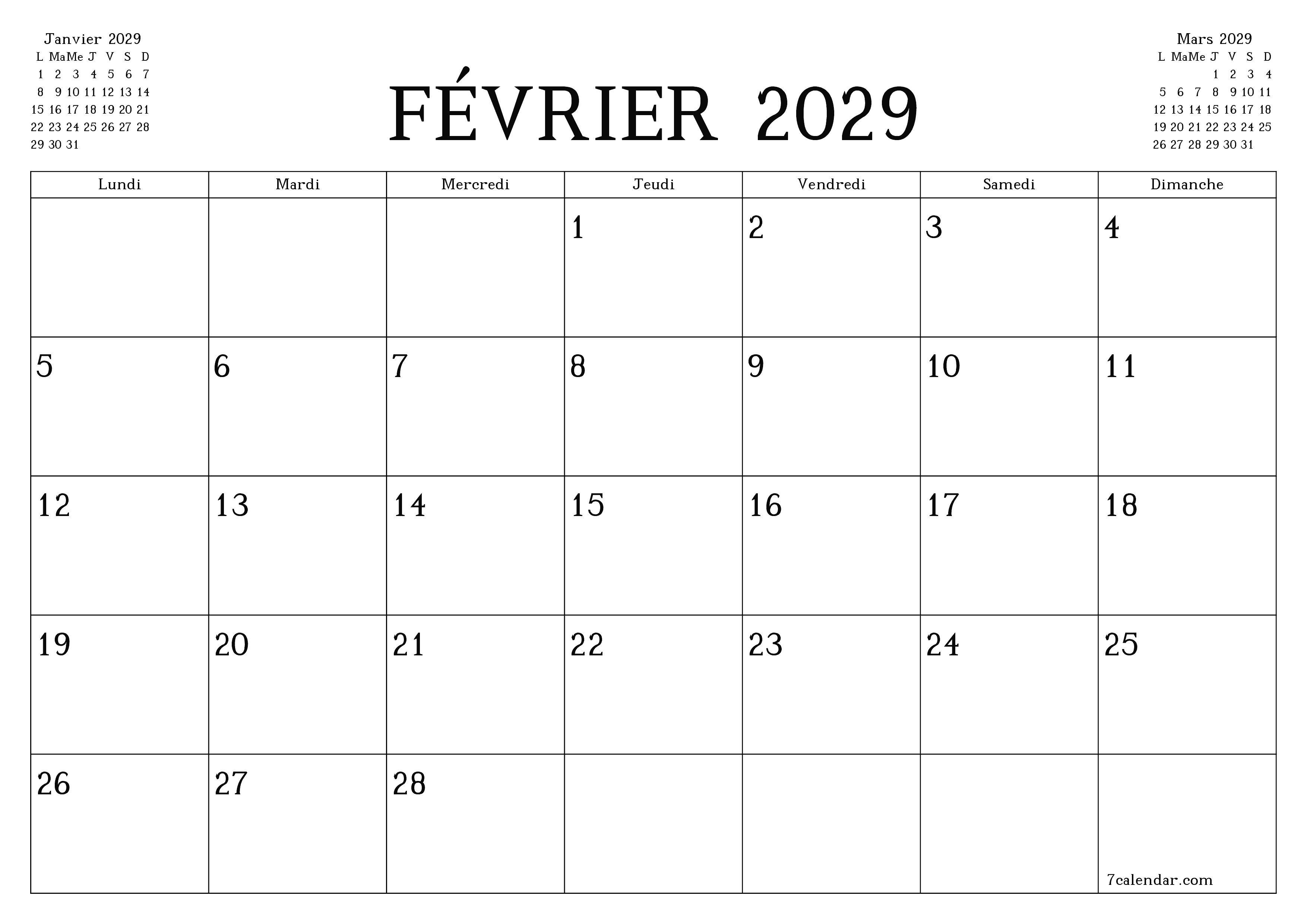 Agenda mensuel vide pour le mois Février 2029 avec notes, enregistrez et imprimez au format PDF PNG French