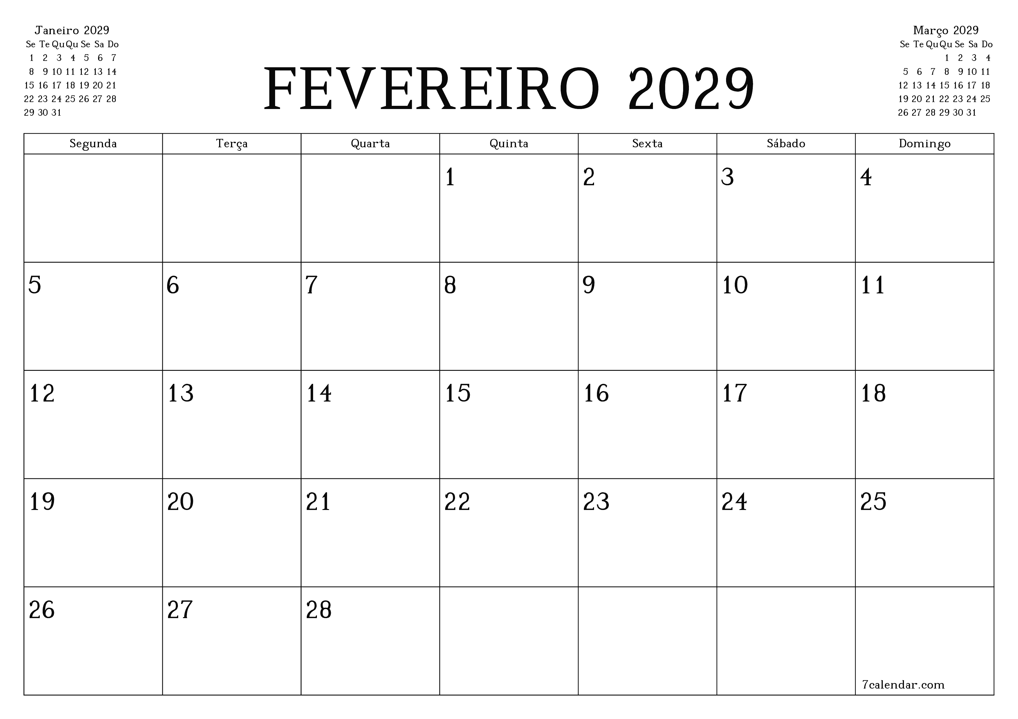 Esvazie o planejador mensal para o mês Fevereiro 2029 com notas, salve e imprima em PDF PNG Portuguese