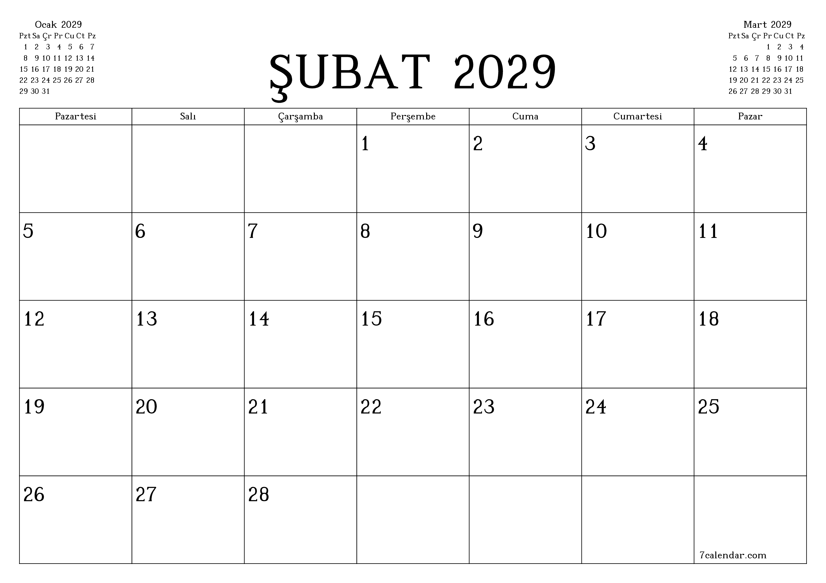 Şubat 2029 ayı için notlarla birlikte boş aylık planlayıcı, kaydedin ve PDF'ye yazdırın PNG Turkish