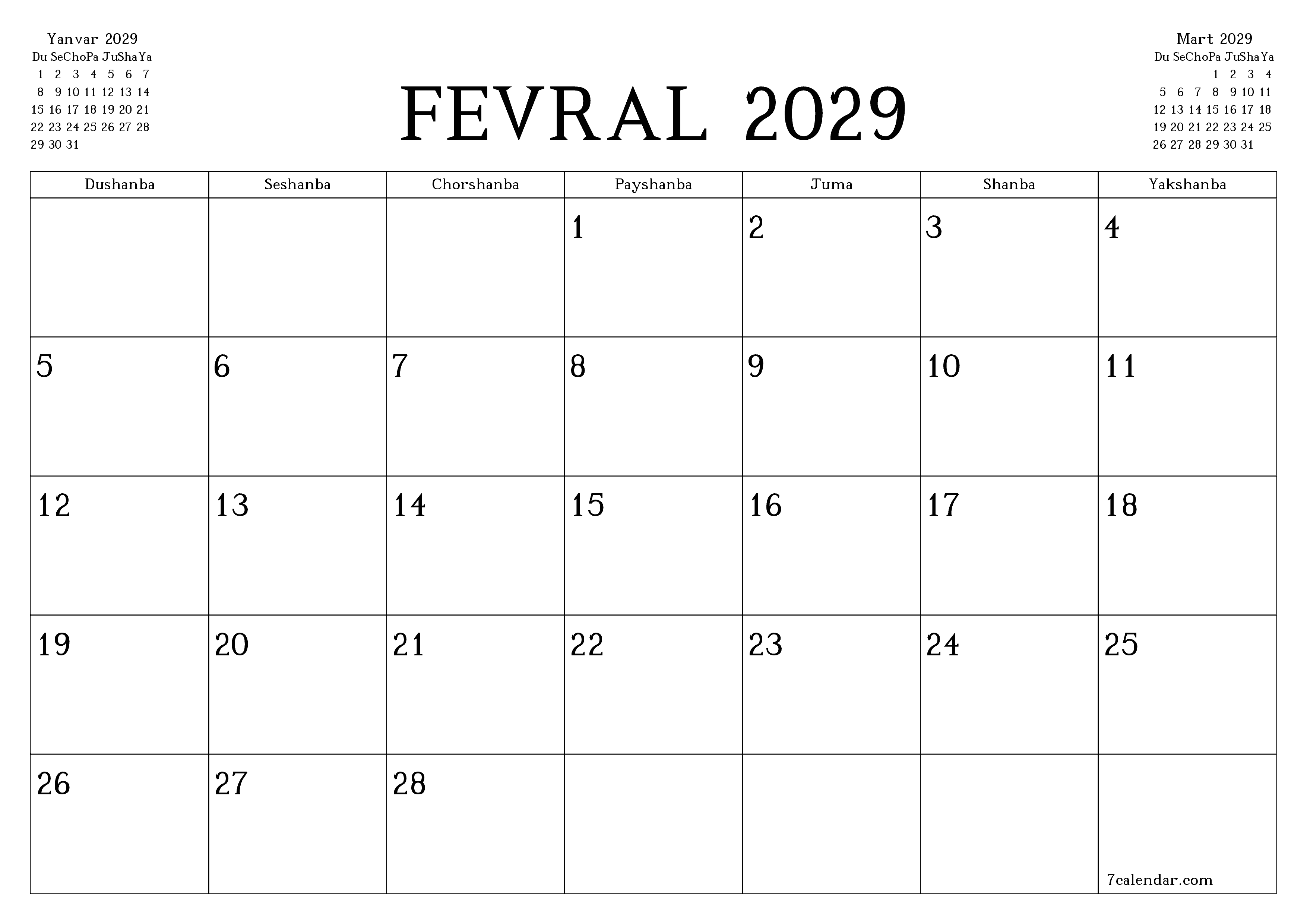 Fevral 2029 oylik oylik rejalashtiruvchini yozuvlar bilan bo'shatish, saqlash va PDF-ga chop etish PNG Uzbek