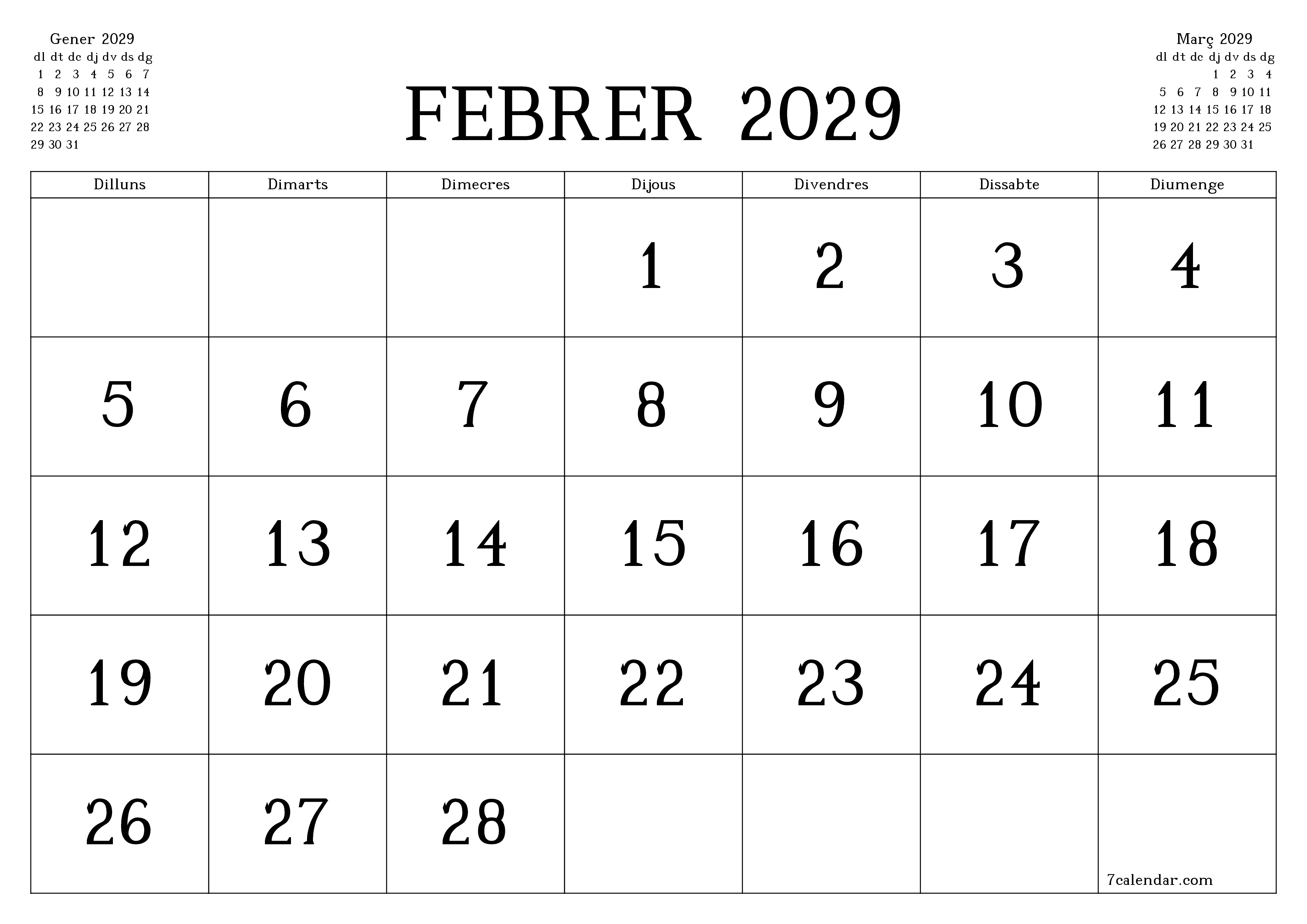 Planificador mensual buit del mes Febrer 2029 amb notes, deseu-lo i imprimiu-lo en format PDF PNG Catalan