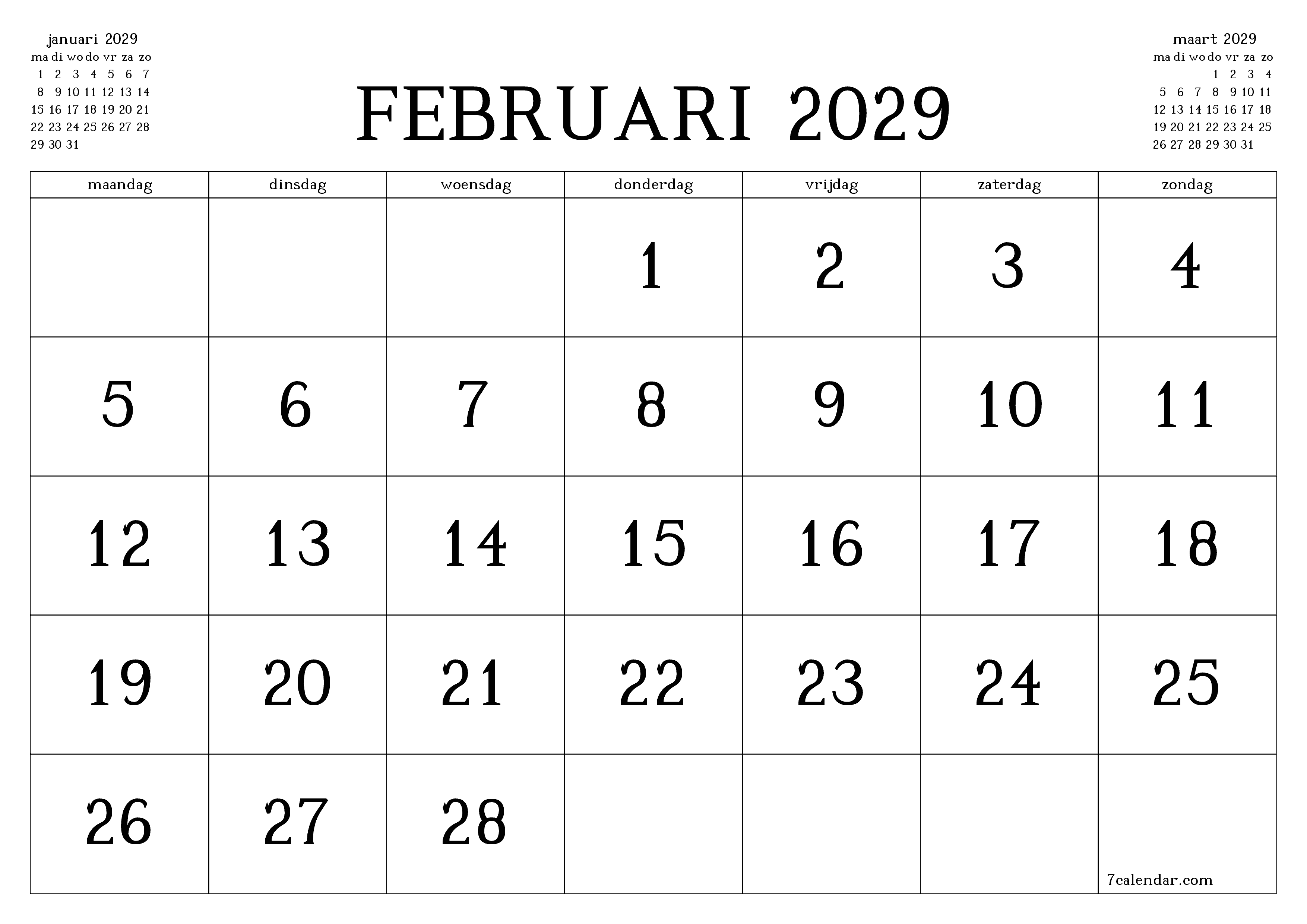Lege maandplanner voor maand februari 2029 met notities, opslaan en afdrukken naar pdf PNG Dutch