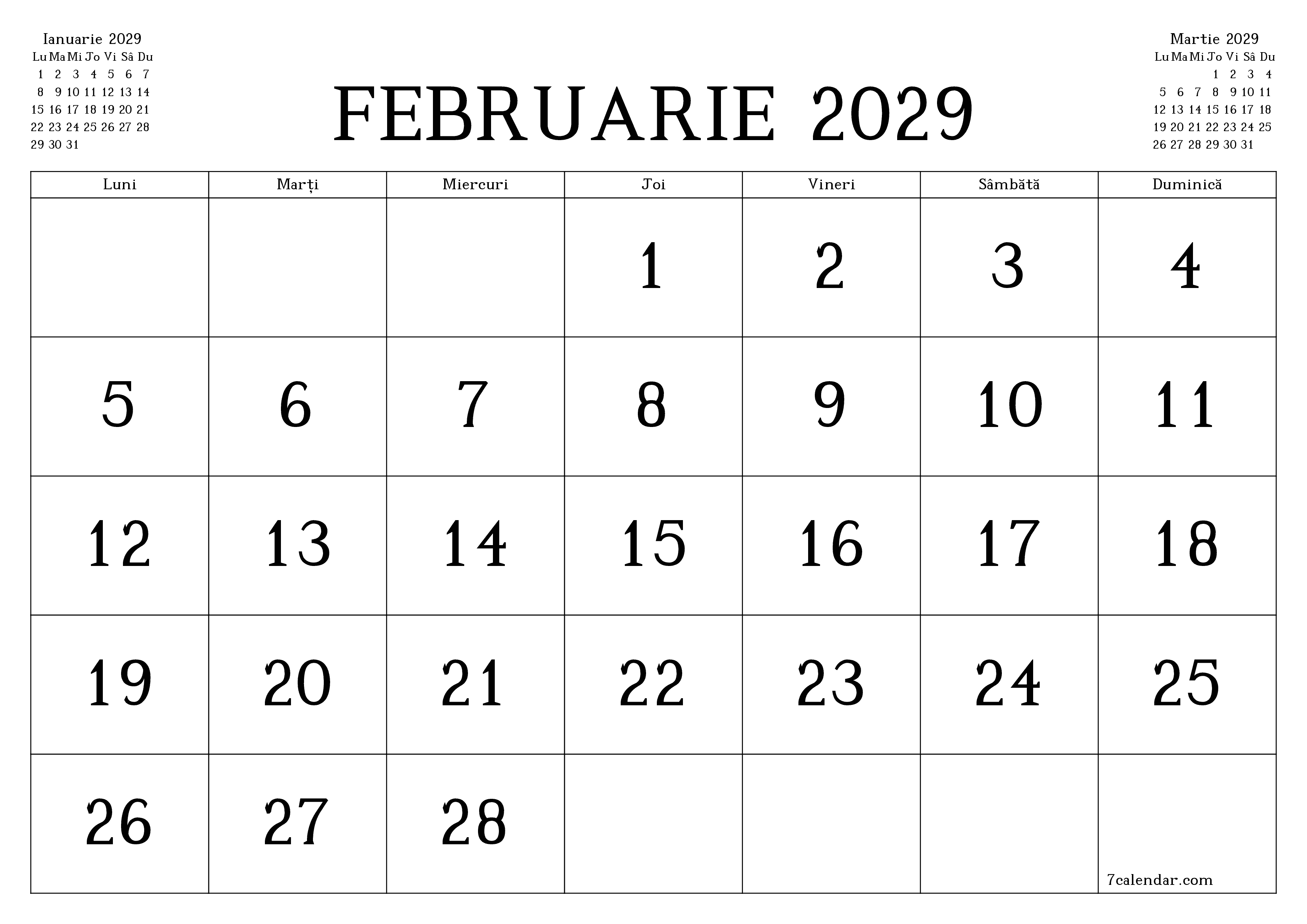 Planificator lunar gol pentru luna Februarie 2029 cu note, salvați și tipăriți în PDF PNG Romanian