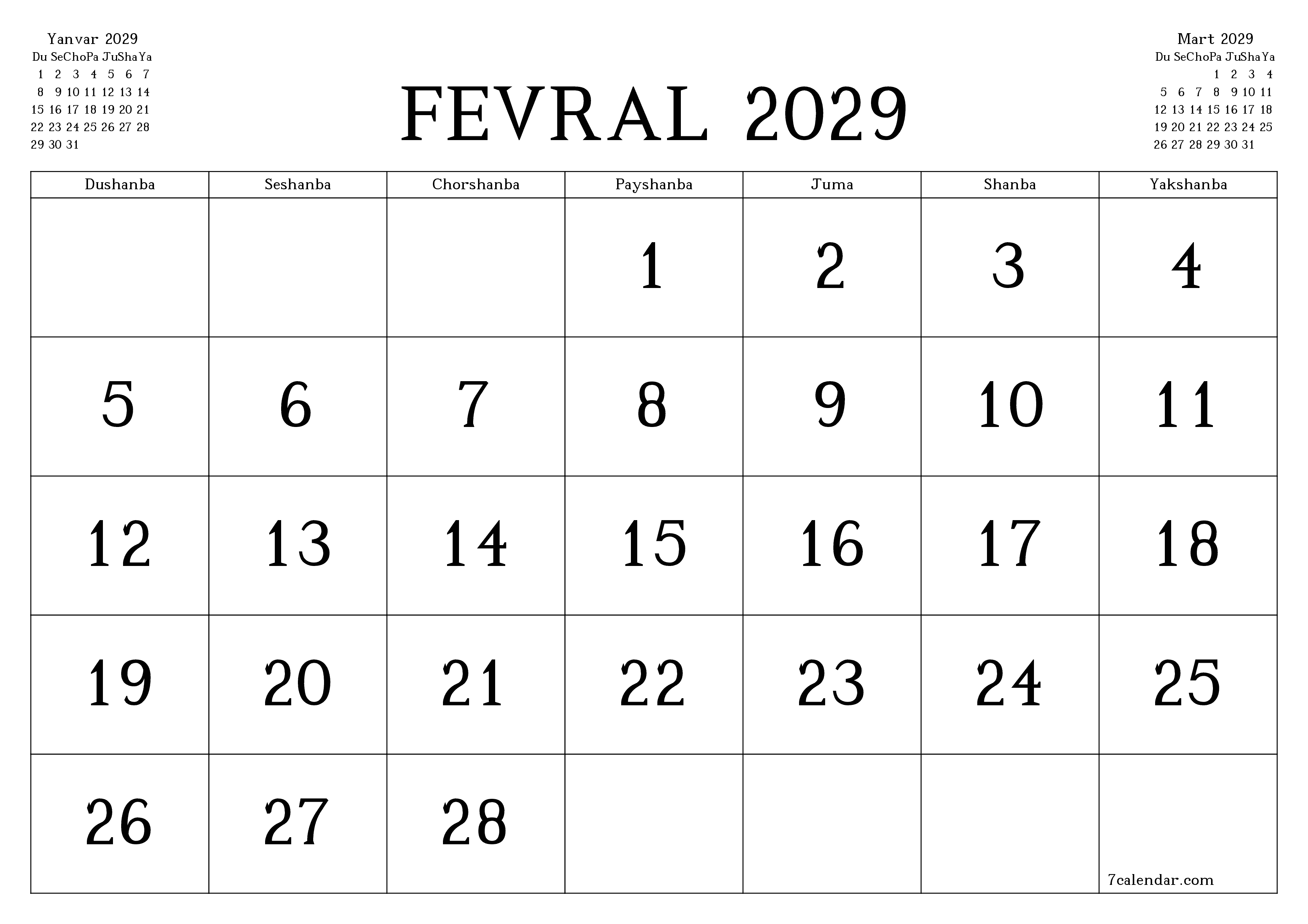 Fevral 2029 oylik oylik rejalashtiruvchini yozuvlar bilan bo'shatish, saqlash va PDF-ga chop etish PNG Uzbek