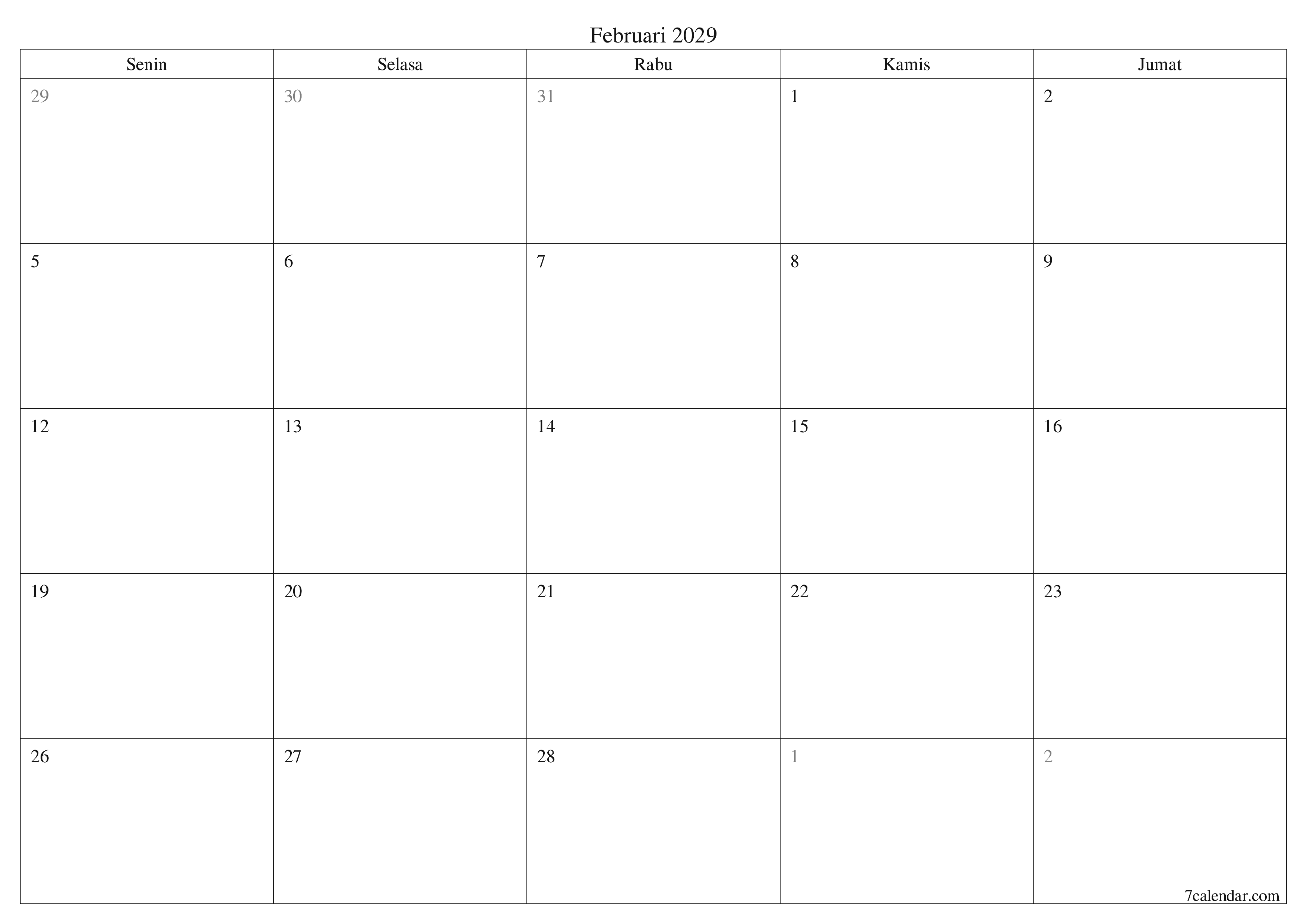 Kosongkan agenda bulanan untuk bulan Februari 2029 dengan catatan, simpan dan cetak ke PDF PNG Indonesian