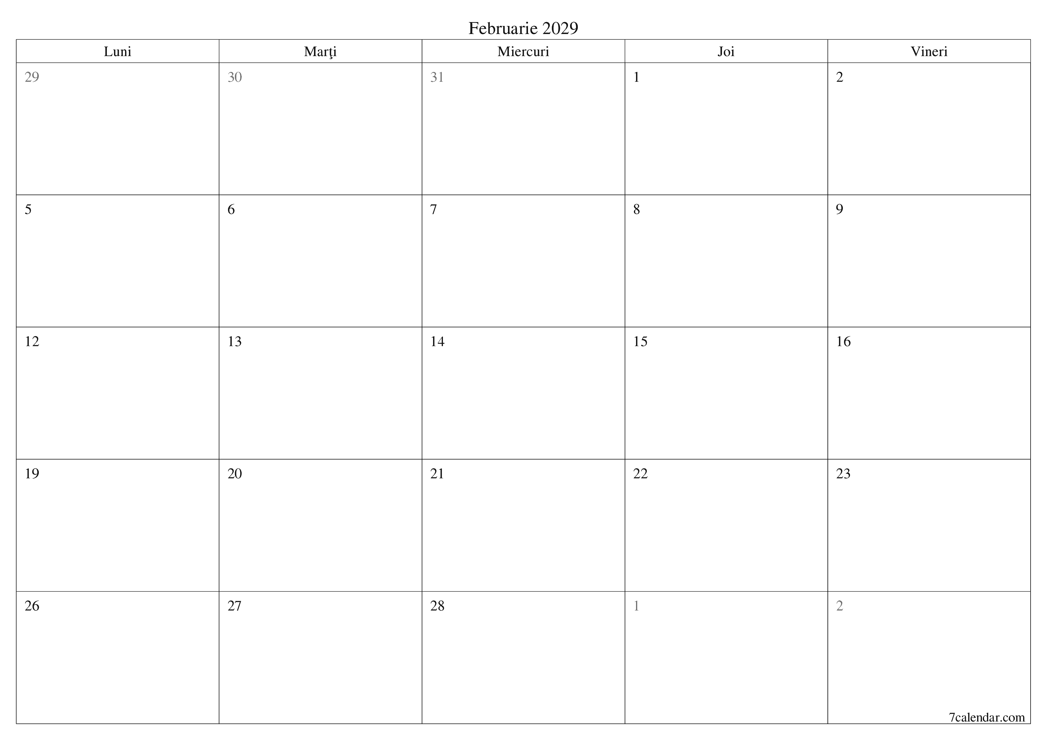 Planificator lunar gol pentru luna Februarie 2029 cu note, salvați și tipăriți în PDF PNG Romanian