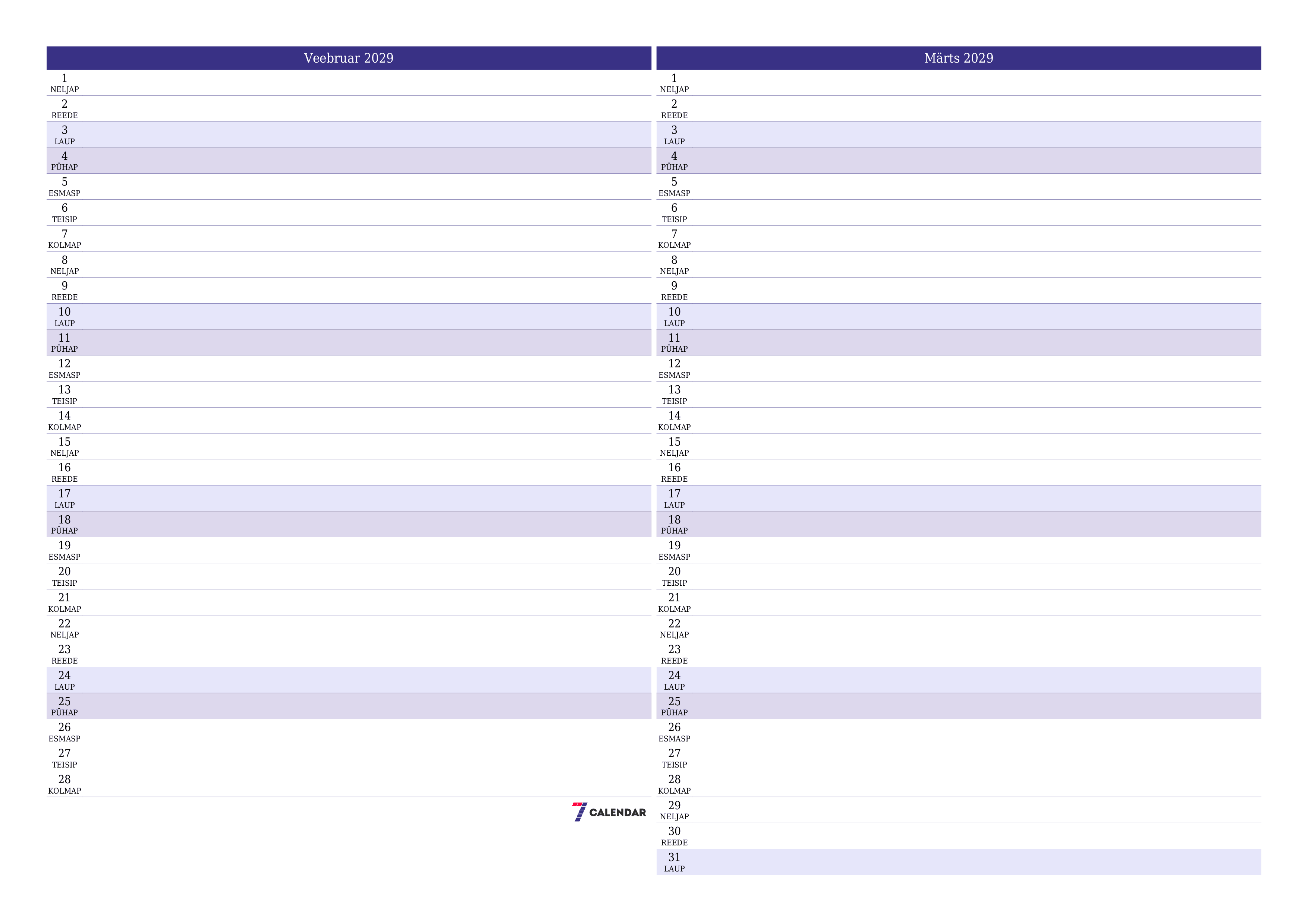 Tühjendage kuu Veebruar 2029 kuuplaneerija märkmetega, salvestage ja printige PDF-i PNG Estonian