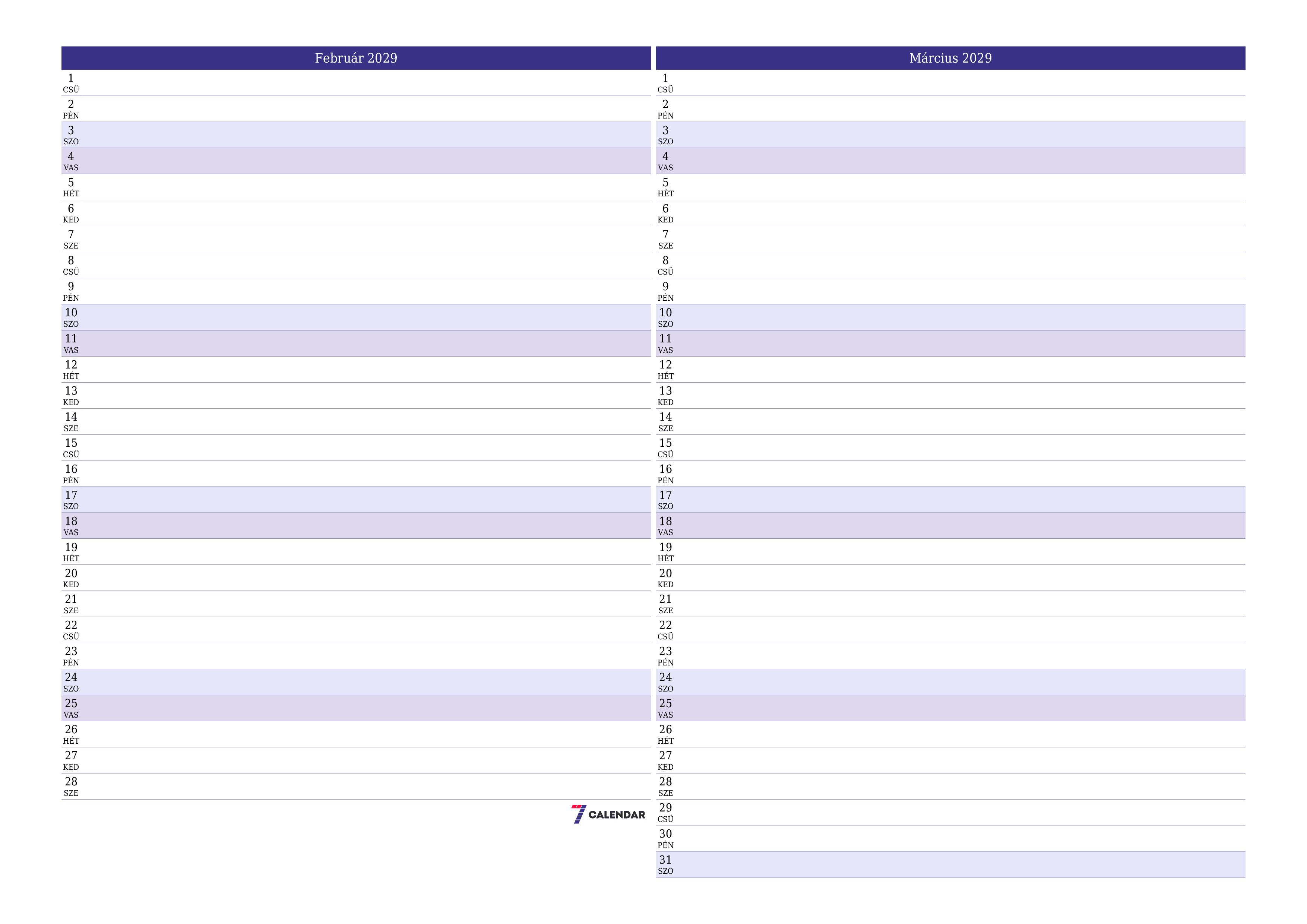 Üres havi tervező a Február 2029 hónapra jegyzetekkel, mentés és nyomtatás PDF-be PNG Hungarian