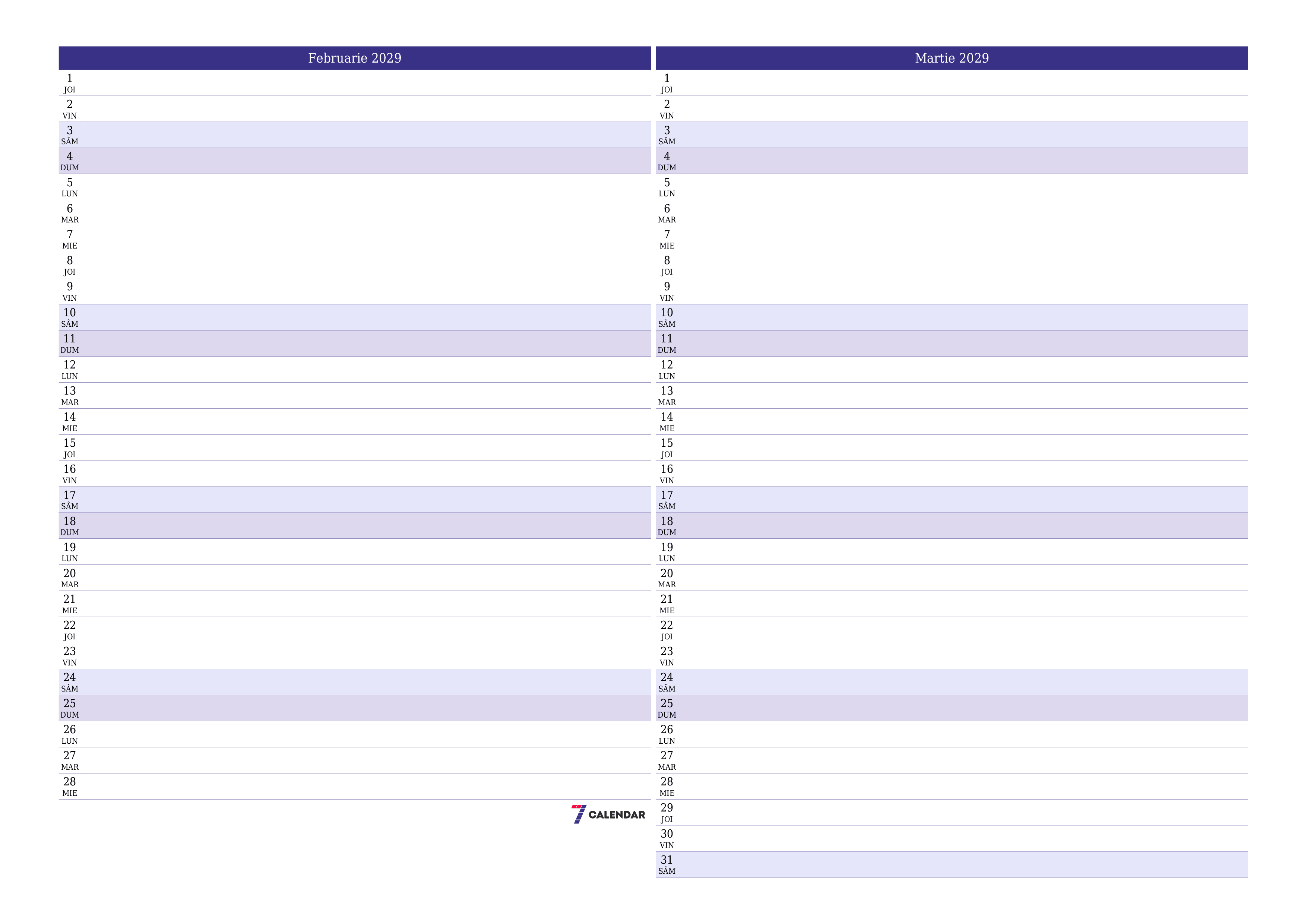 Planificator lunar gol pentru luna Februarie 2029 cu note, salvați și tipăriți în PDF PNG Romanian
