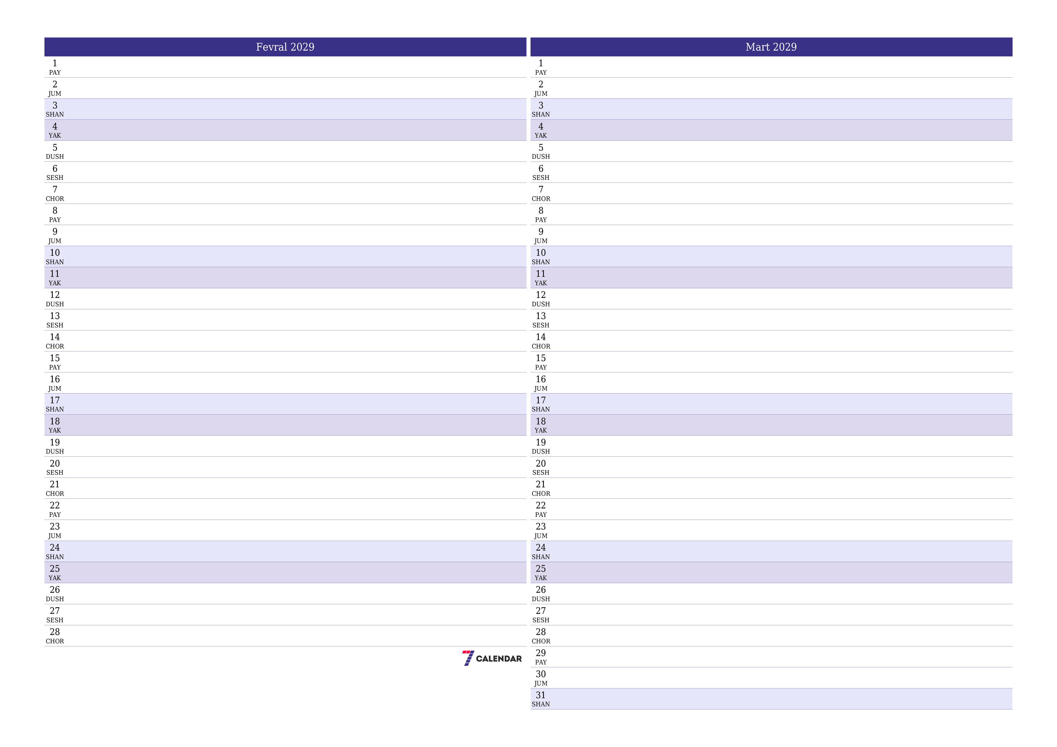 Fevral 2029 oylik oylik rejalashtiruvchini yozuvlar bilan bo'shatish, saqlash va PDF-ga chop etish PNG Uzbek