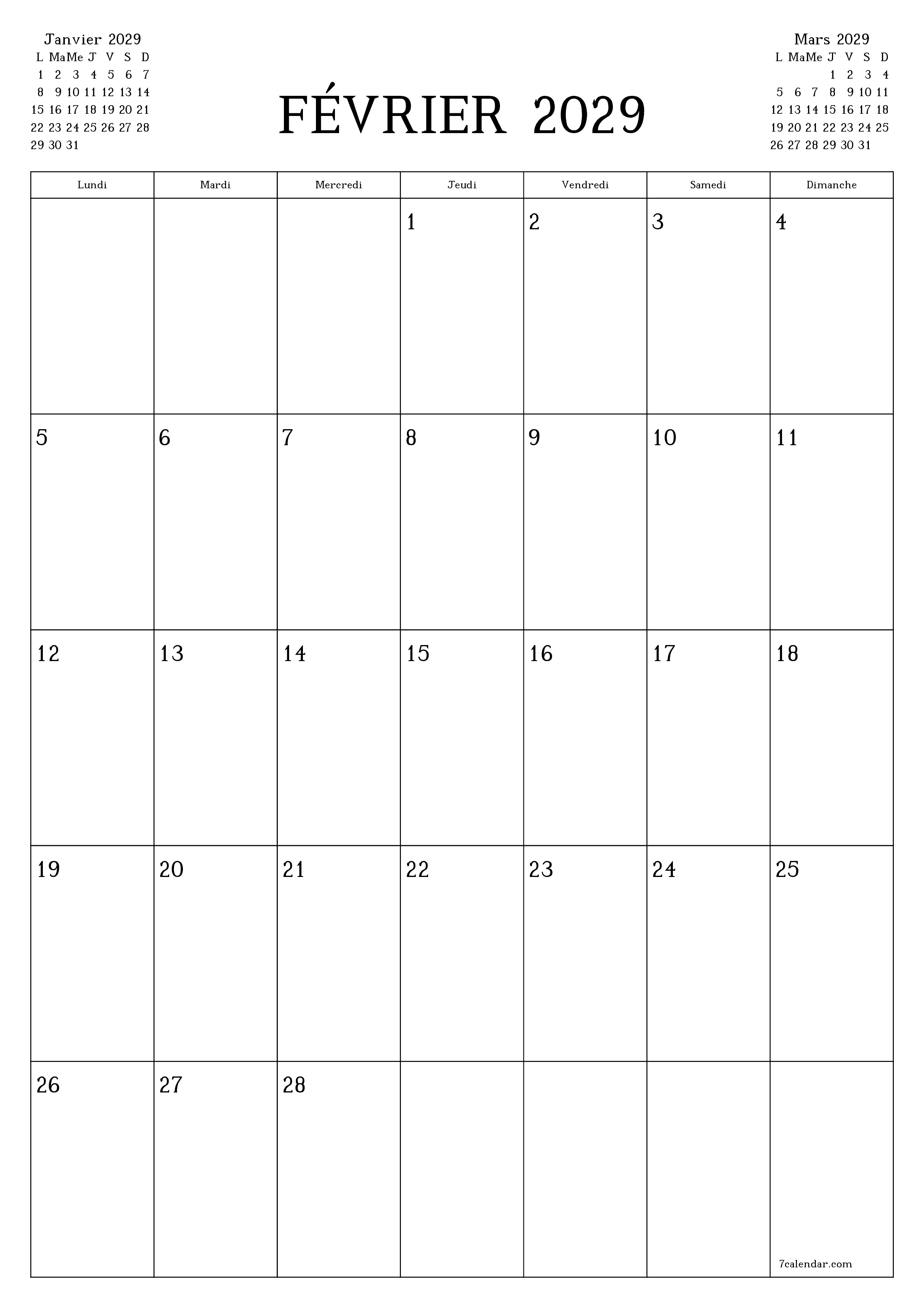  imprimable mural modèle de gratuitverticale Mensuel planificateur calendrier Février (Fév) 2029