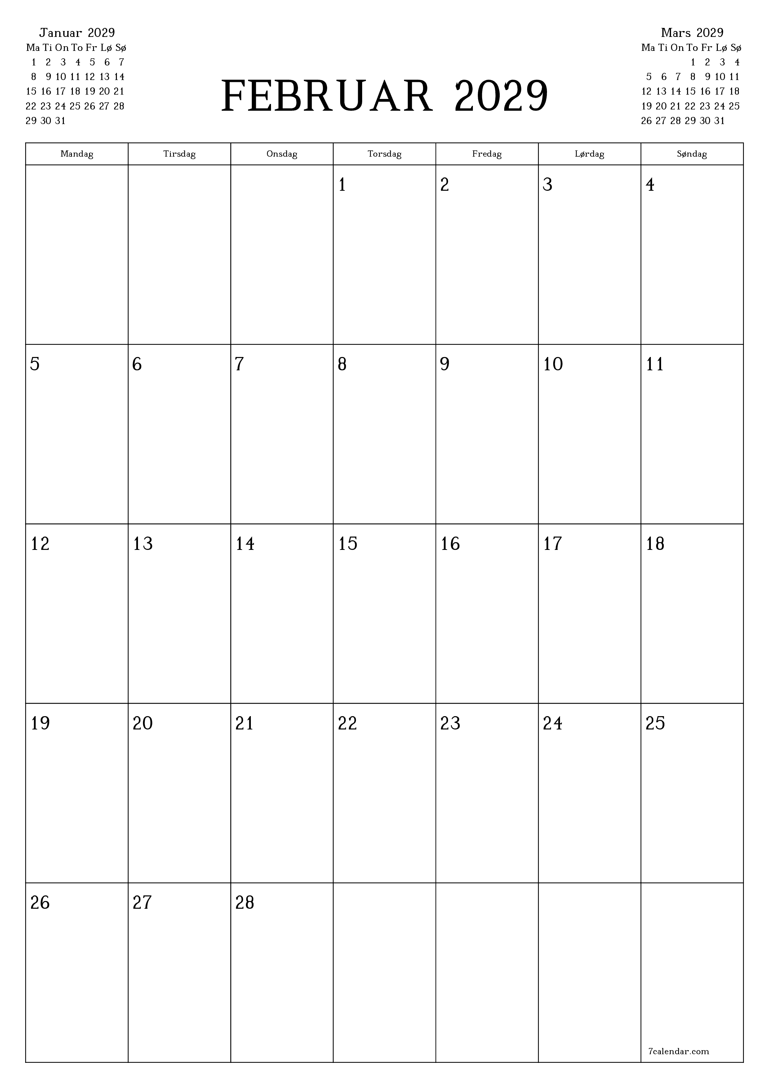 utskrivbar vegg mal gratis vertikal Månedlig planlegger kalender Februar (Feb) 2029