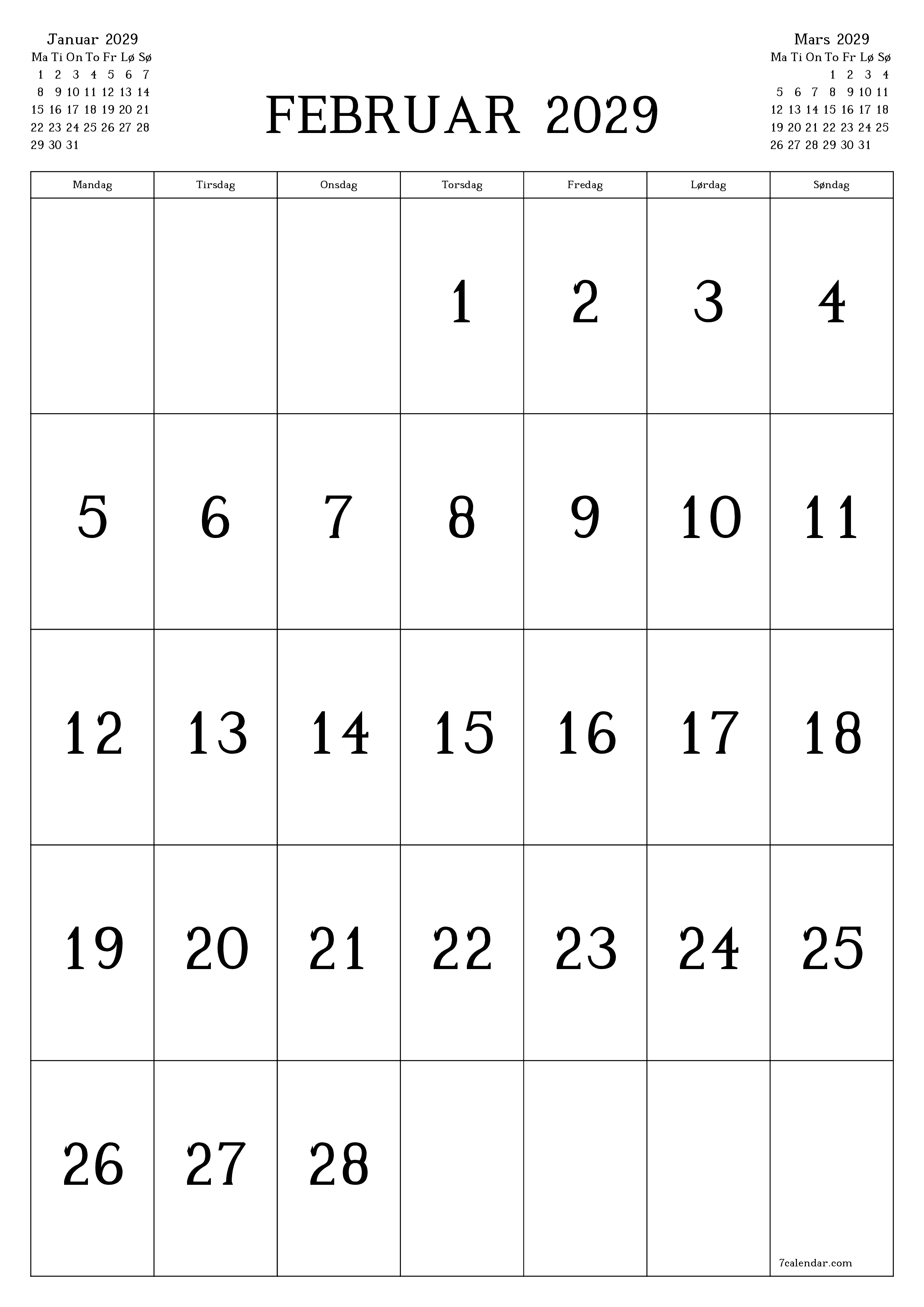 utskrivbar vegg mal gratis vertikal Månedlig kalender Februar (Feb) 2029