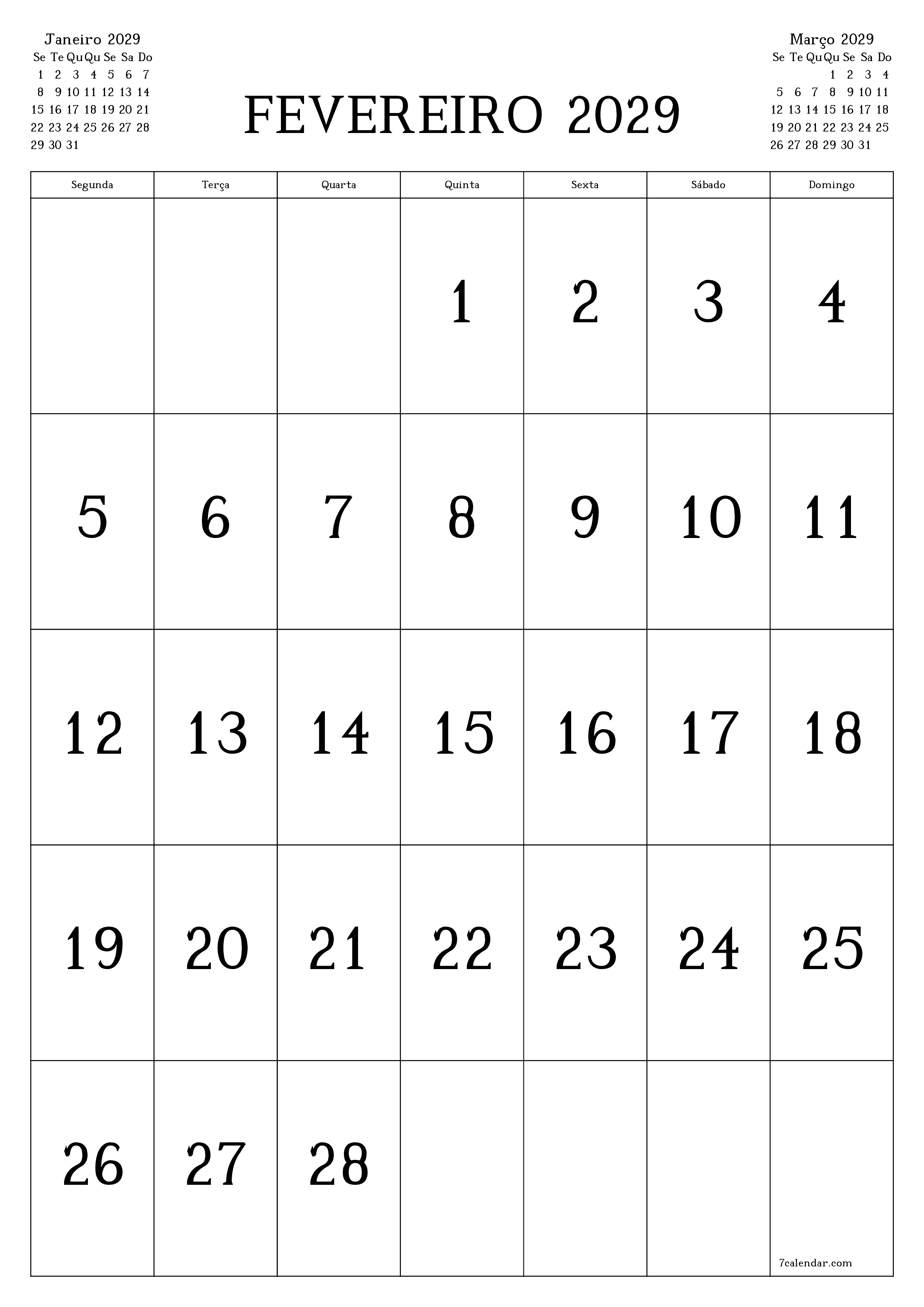  para impressão de parede modelo de grátisvertical Mensal calendário Fevereiro (Fev) 2029
