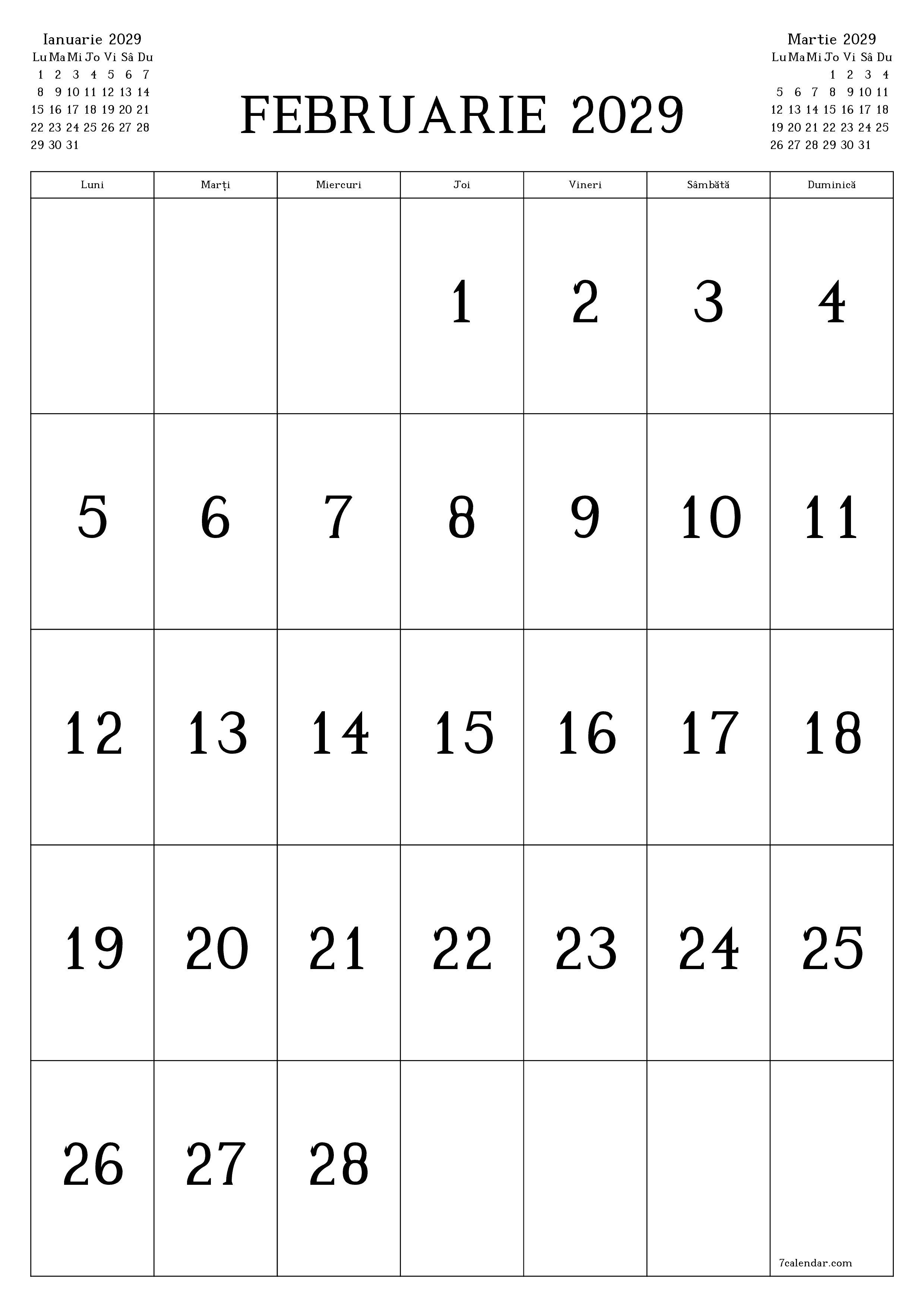  imprimabil de perete șablon de gratuitvertical Lunar calendar Februarie (Feb) 2029