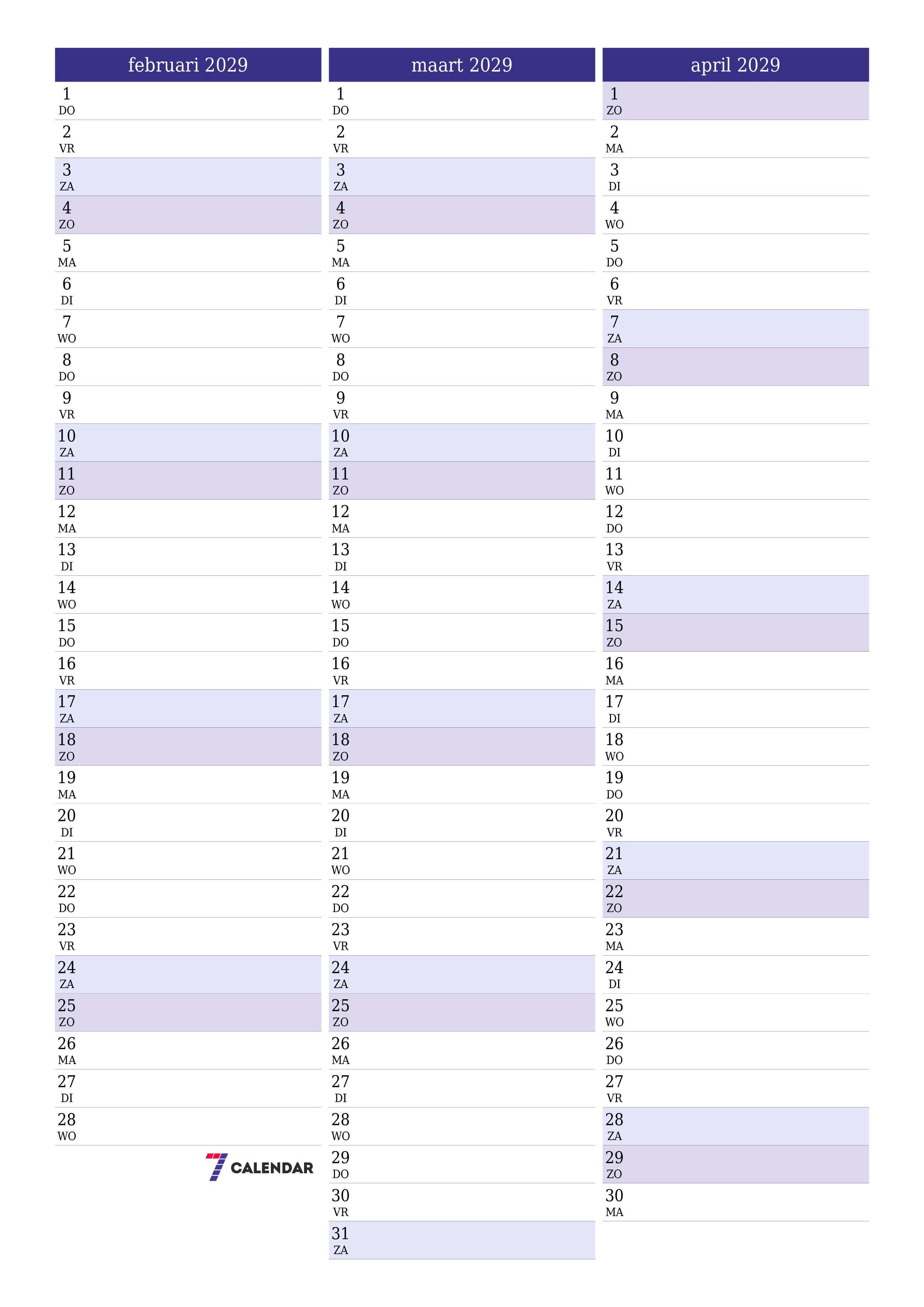 afdrukbare muur sjabloon gratis verticaal Maandelijks planner kalender februari (feb) 2029