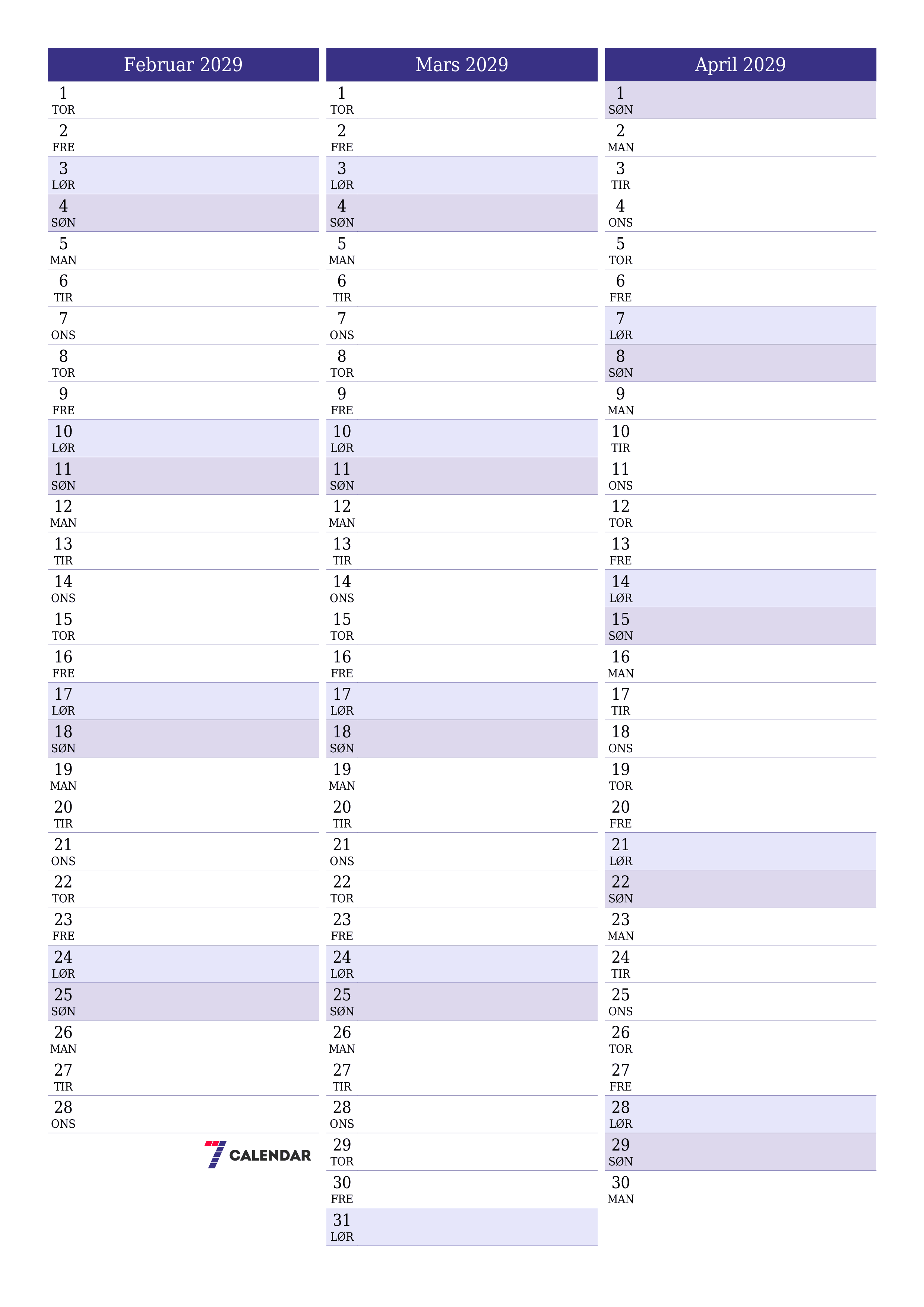 utskrivbar vegg mal gratis vertikal Månedlig planlegger kalender Februar (Feb) 2029