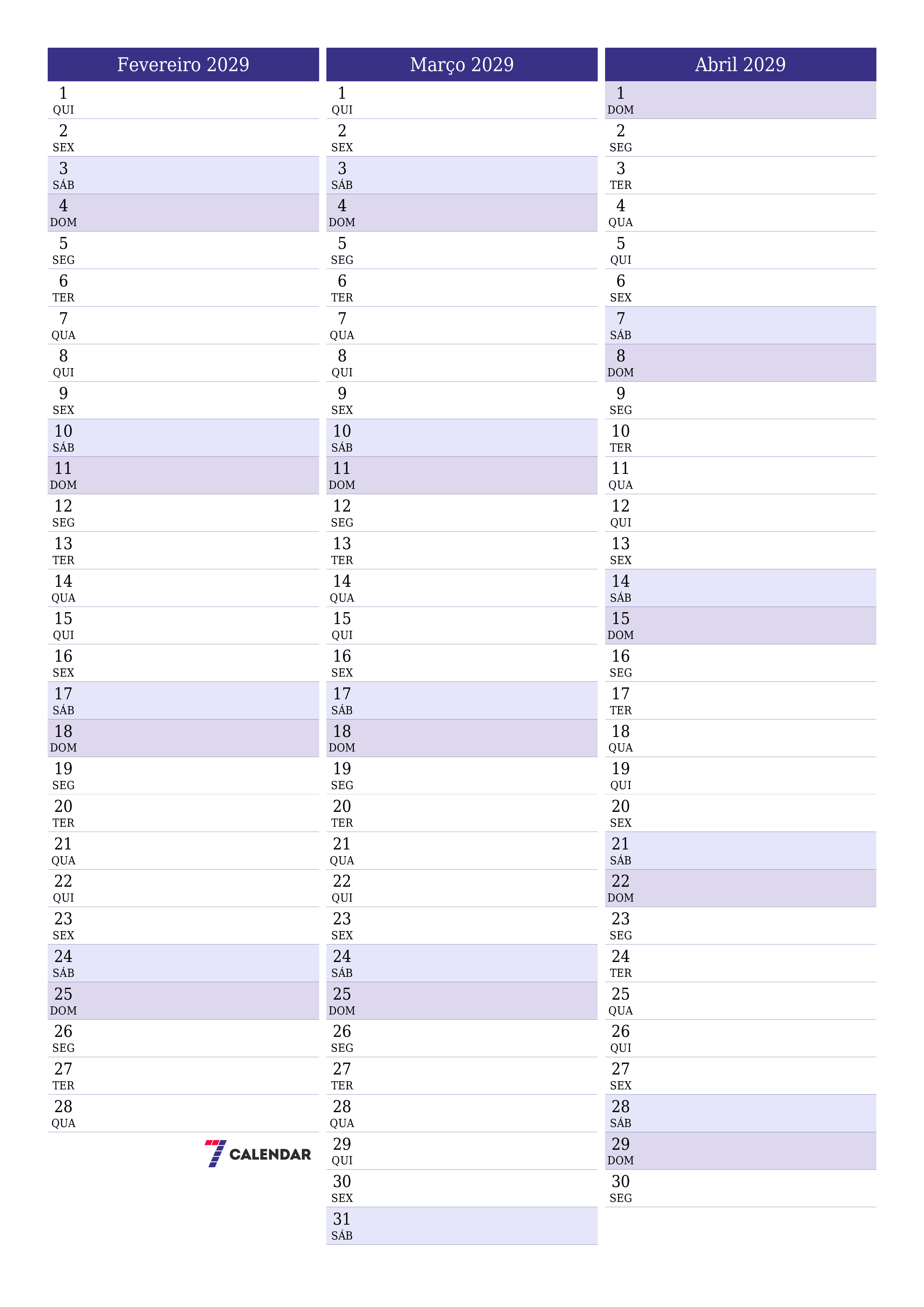  para impressão de parede modelo de grátisvertical Mensal planejador calendário Fevereiro (Fev) 2029