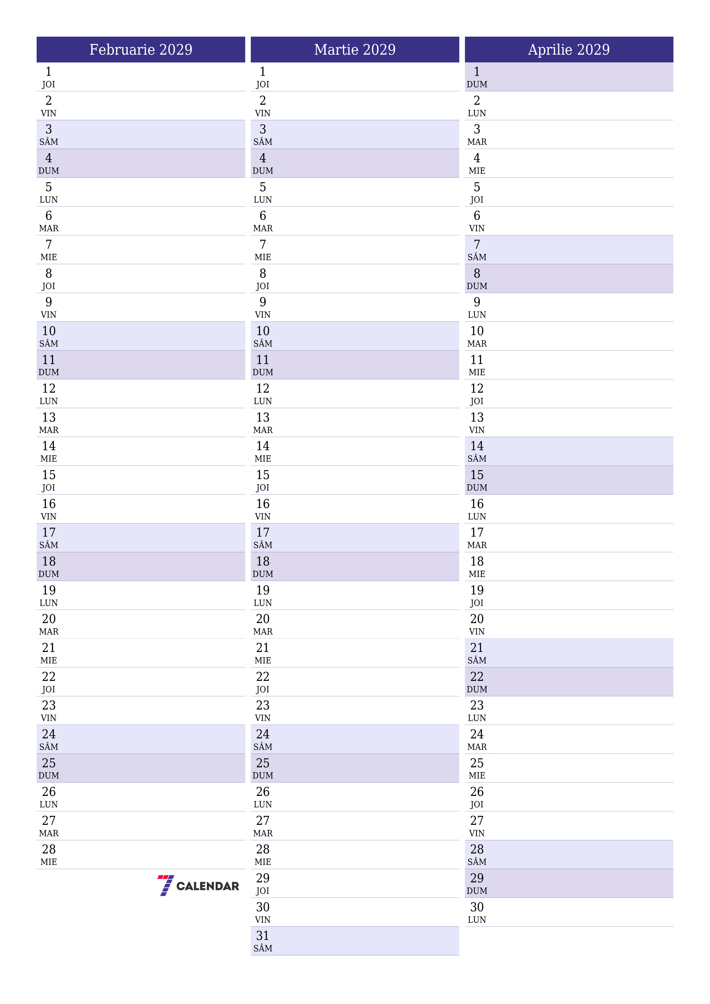 imprimabil de perete șablon de gratuitvertical Lunar planificator calendar Februarie (Feb) 2029