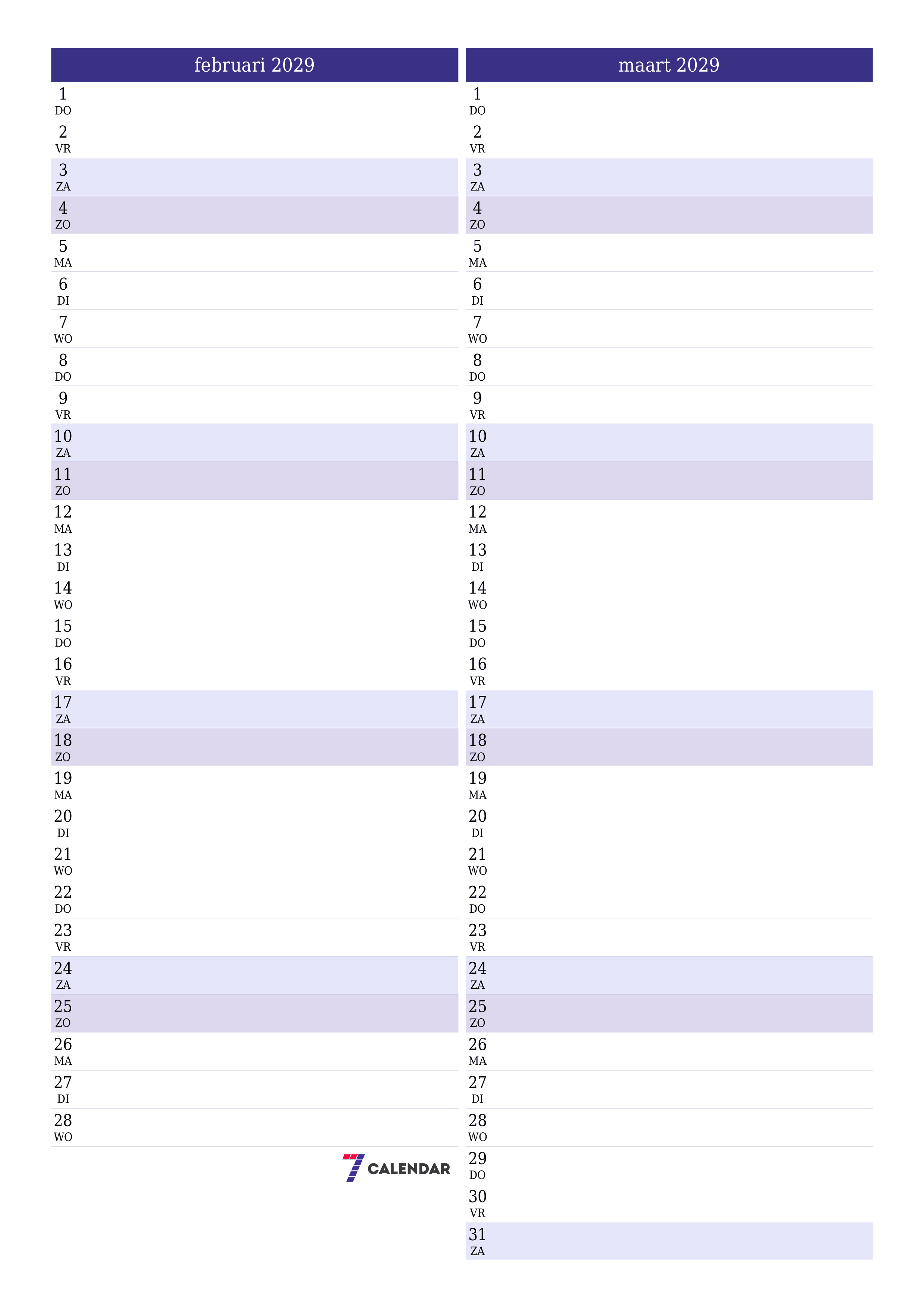afdrukbare muur sjabloon gratis verticaal Maandelijks planner kalender februari (feb) 2029