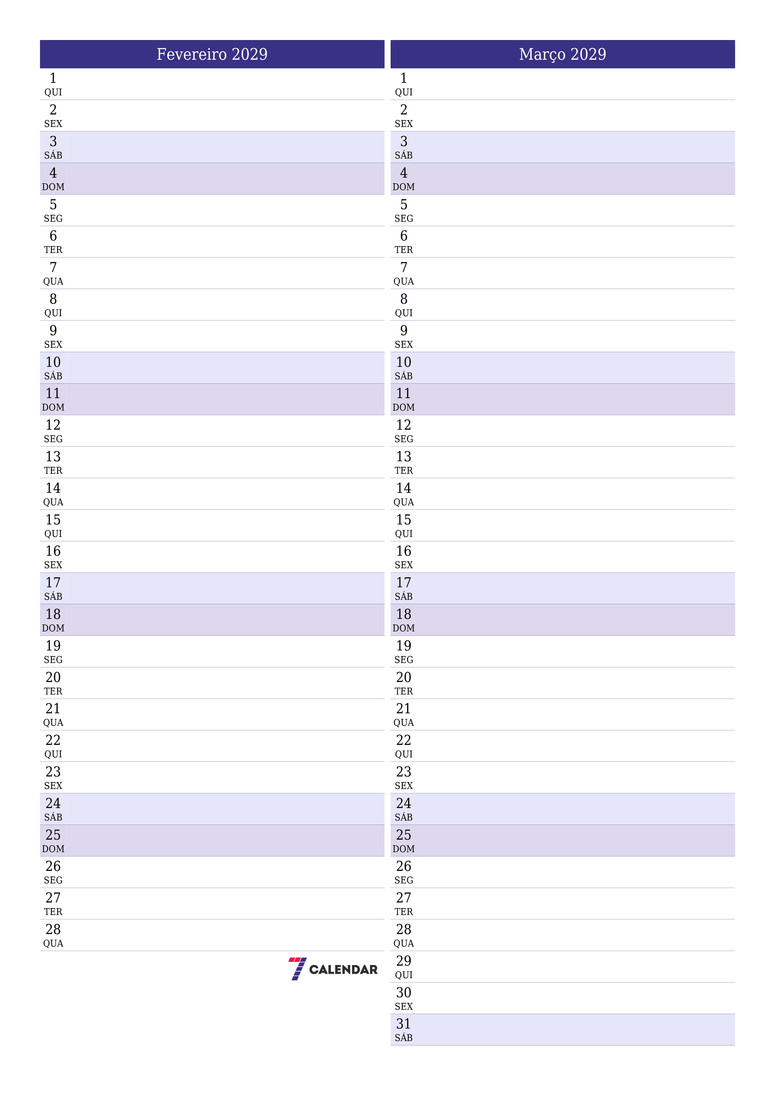 para impressão de parede modelo de grátisvertical Mensal planejador calendário Fevereiro (Fev) 2029