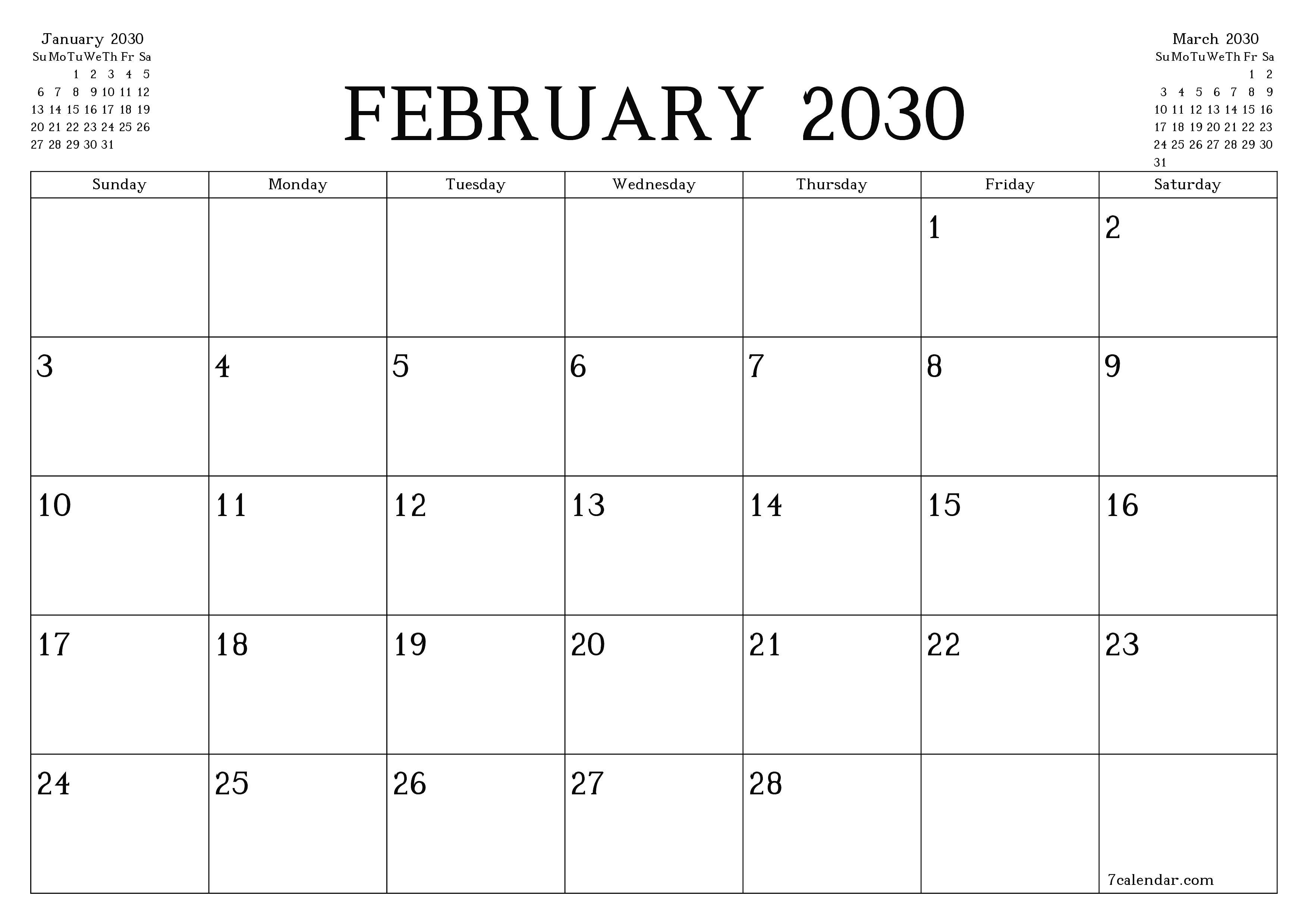 Blank calendar February 2030
