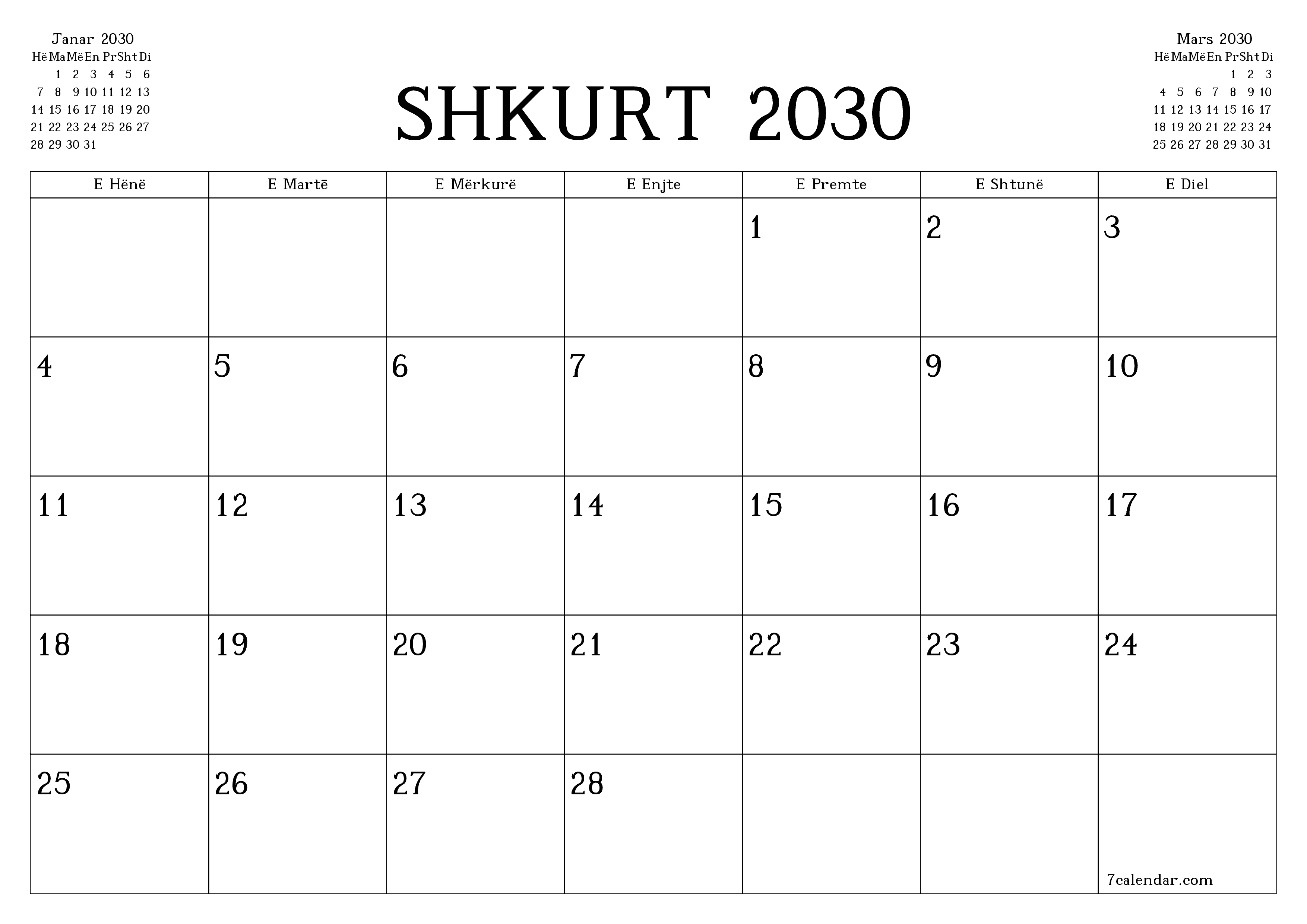 Planifikuesi i zbrazët i kalendarit mujor për muajin Shkurt 2030 me shënime të ruajtura dhe të printuara në PDF PNG Albanian