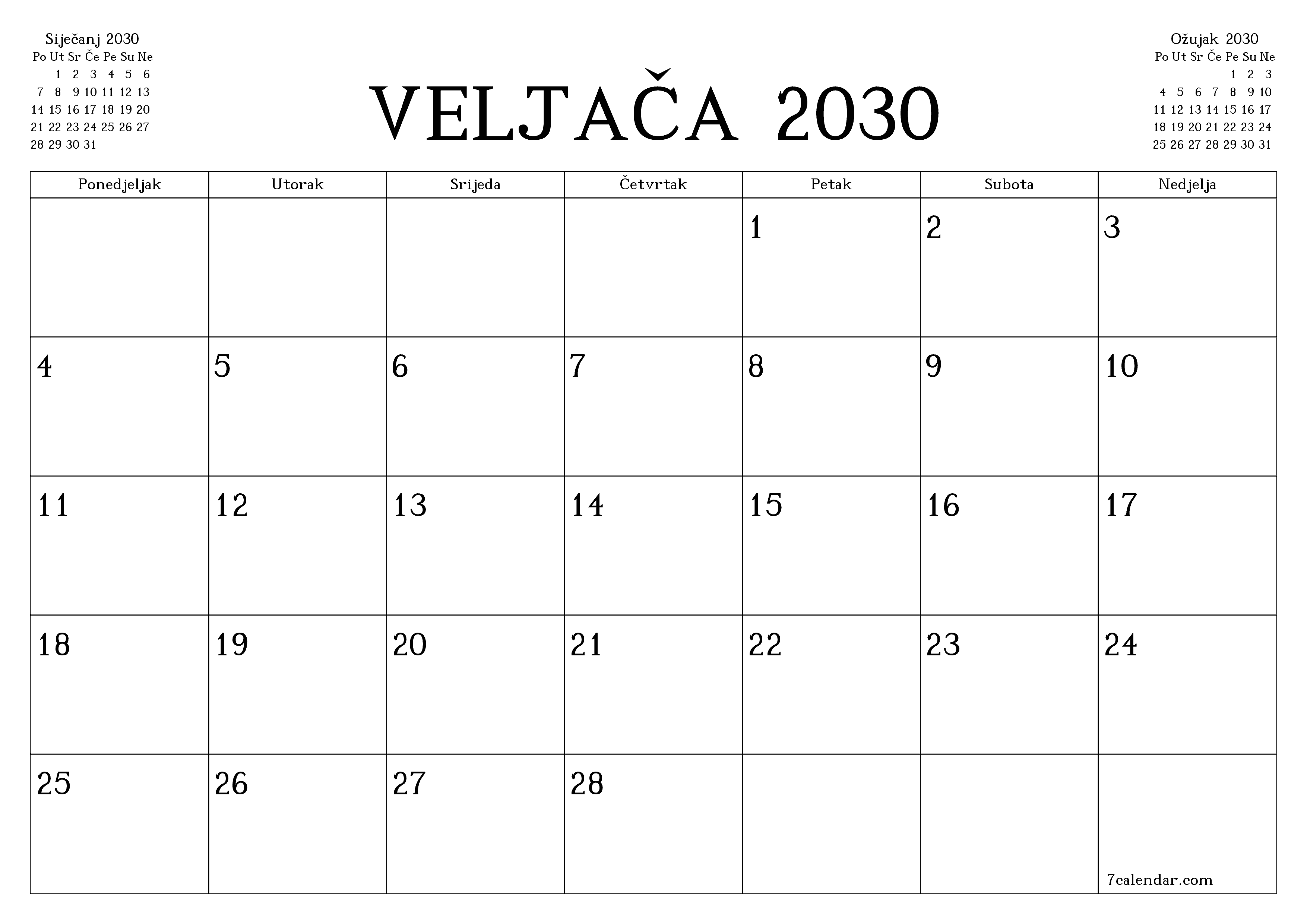 Ispraznite mjesečni planer za mjesec Veljača 2030 s bilješkama, spremite i ispišite u PDF PNG Croatian