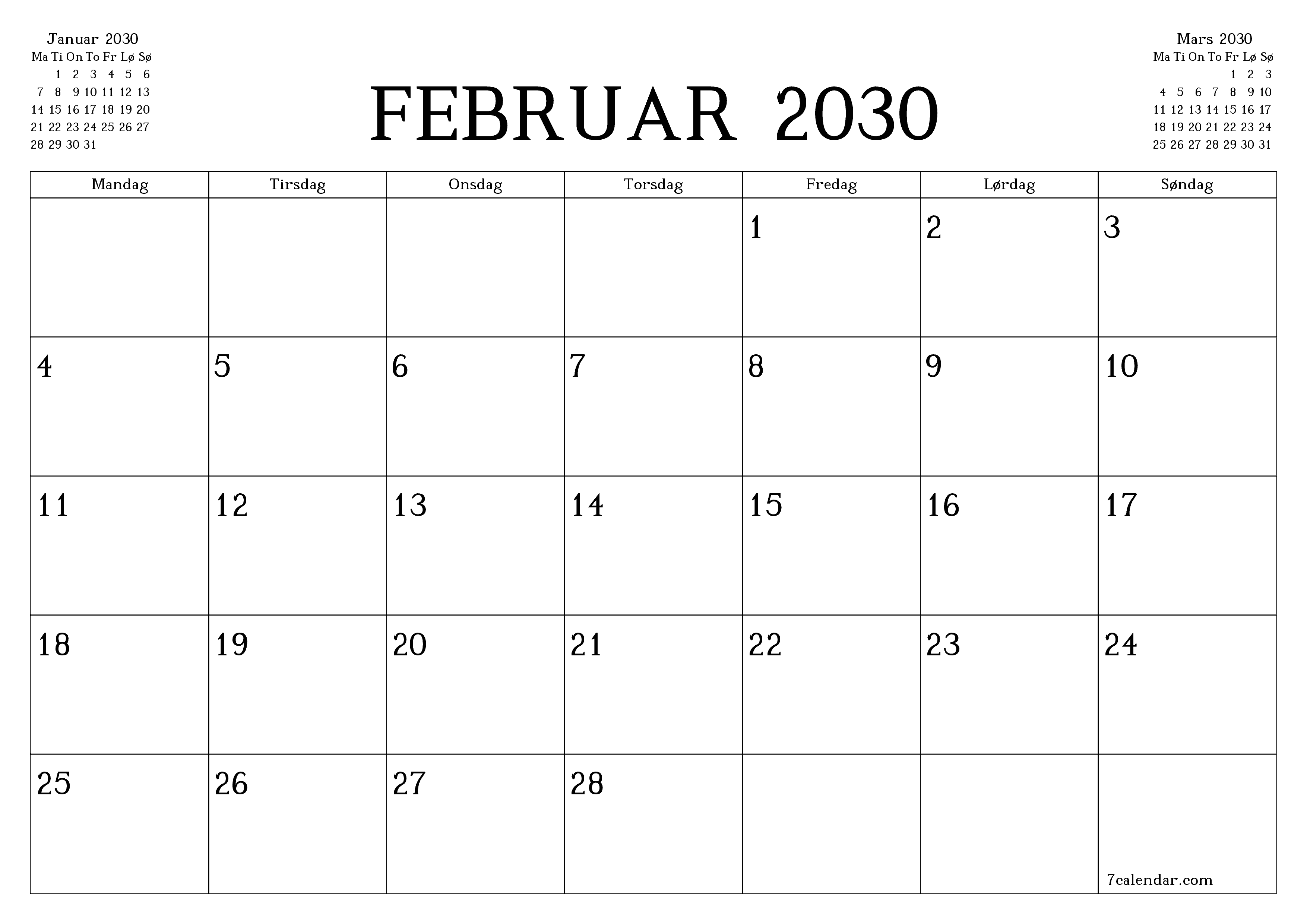Tom månedlig planlegger for måned Februar 2030 med notater, lagre og skriv ut til PDF PNG Norwegian