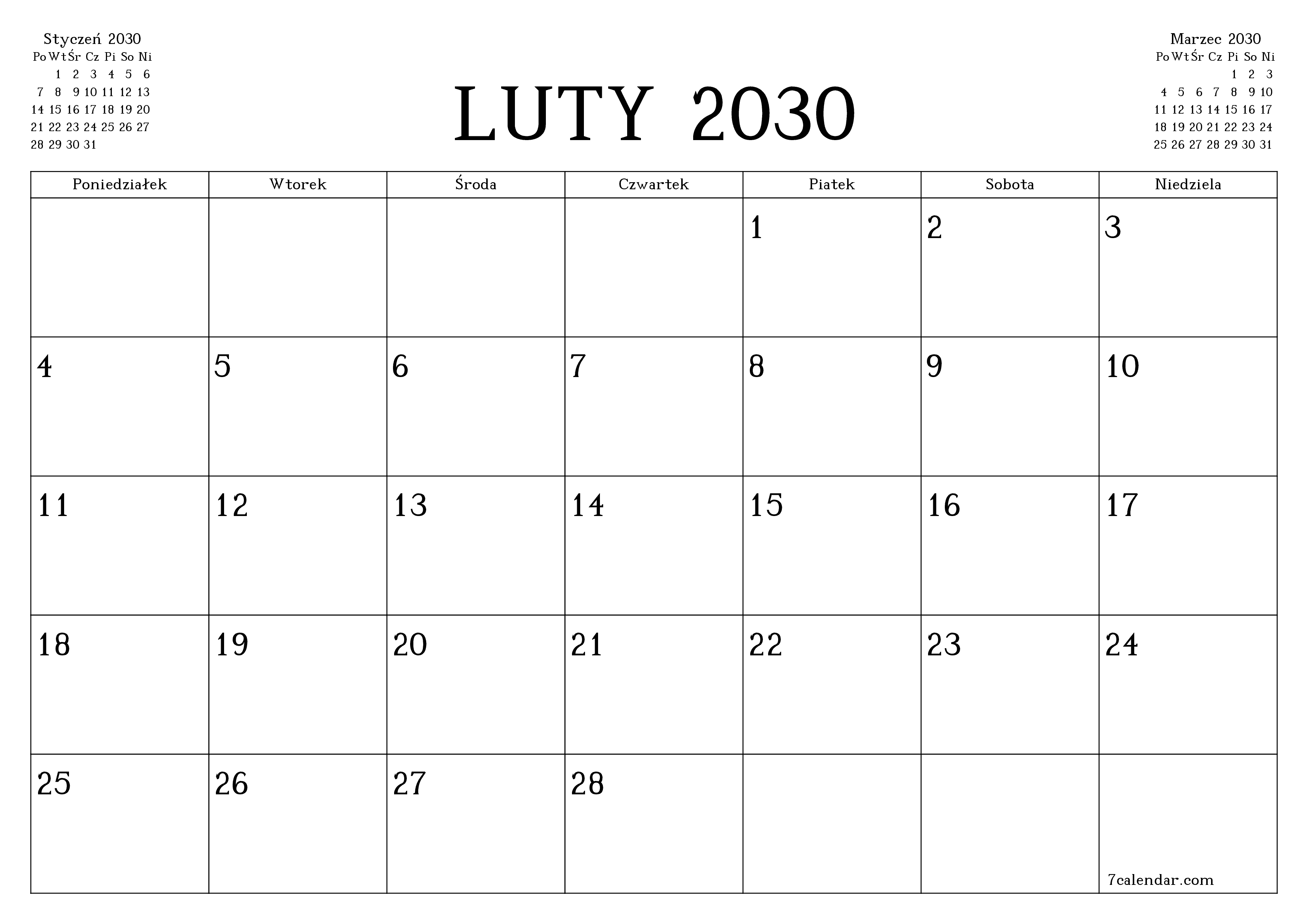 Opróżnij miesięczny planer na miesiąc Luty 2030 z notatkami, zapisz i wydrukuj w formacie PDF PNG Polish