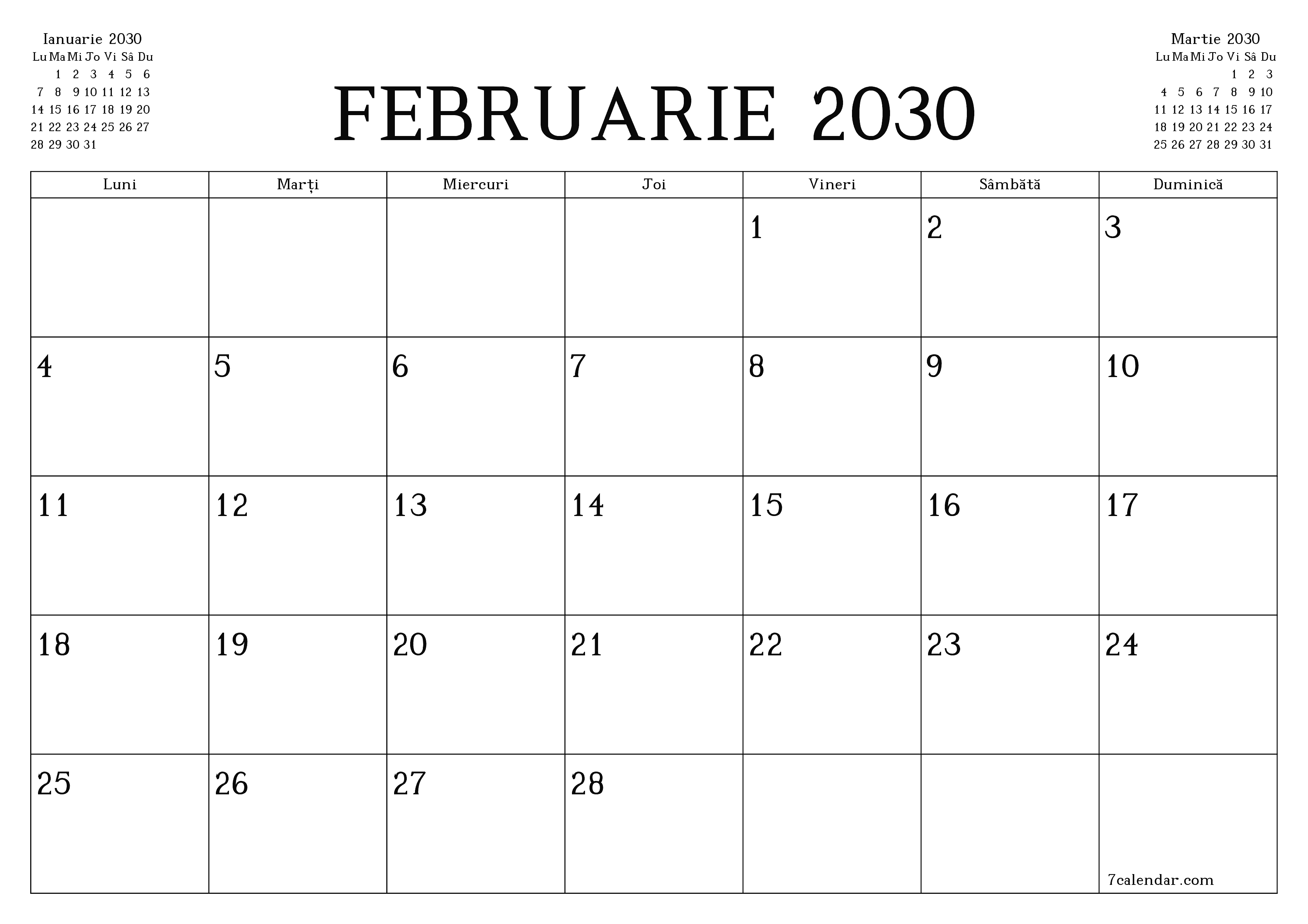 Planificator lunar gol pentru luna Februarie 2030 cu note, salvați și tipăriți în PDF PNG Romanian