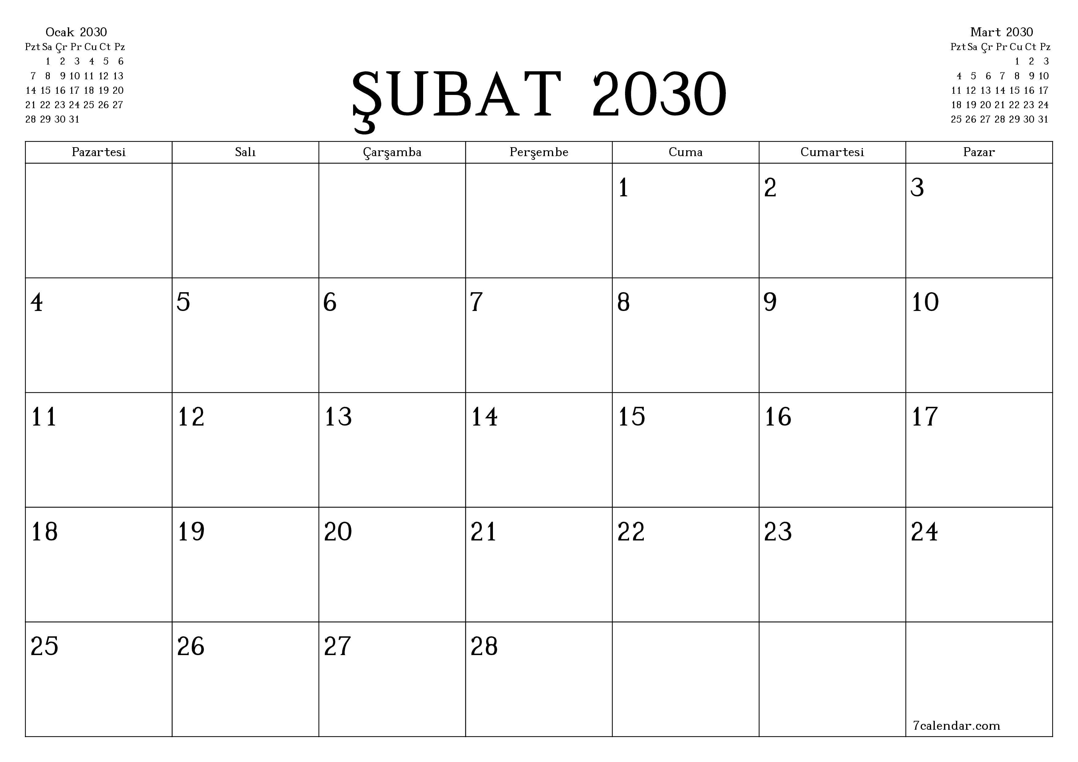 Şubat 2030 ayı için notlarla birlikte boş aylık planlayıcı, kaydedin ve PDF'ye yazdırın PNG Turkish