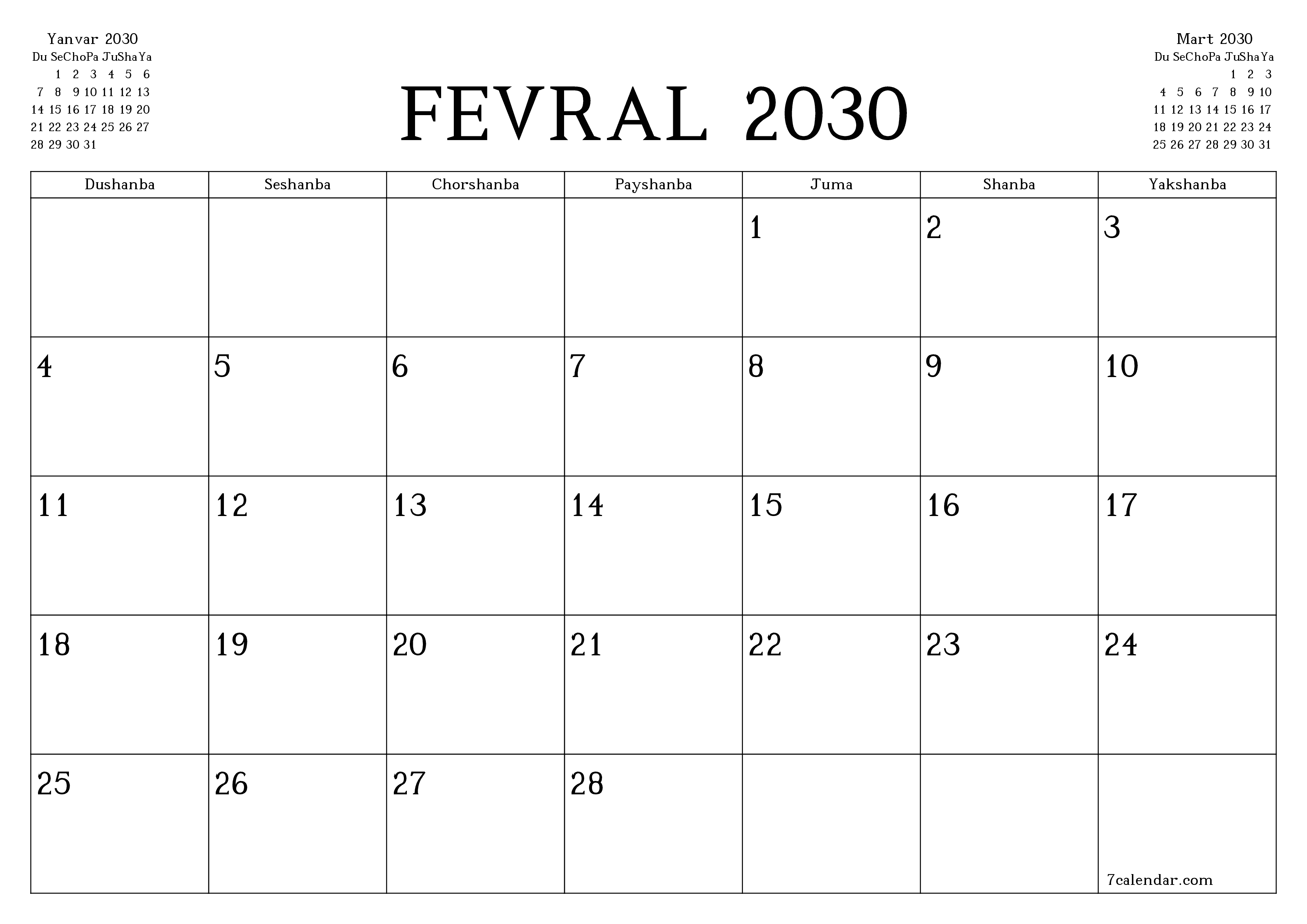 Fevral 2030 oylik oylik rejalashtiruvchini yozuvlar bilan bo'shatish, saqlash va PDF-ga chop etish PNG Uzbek