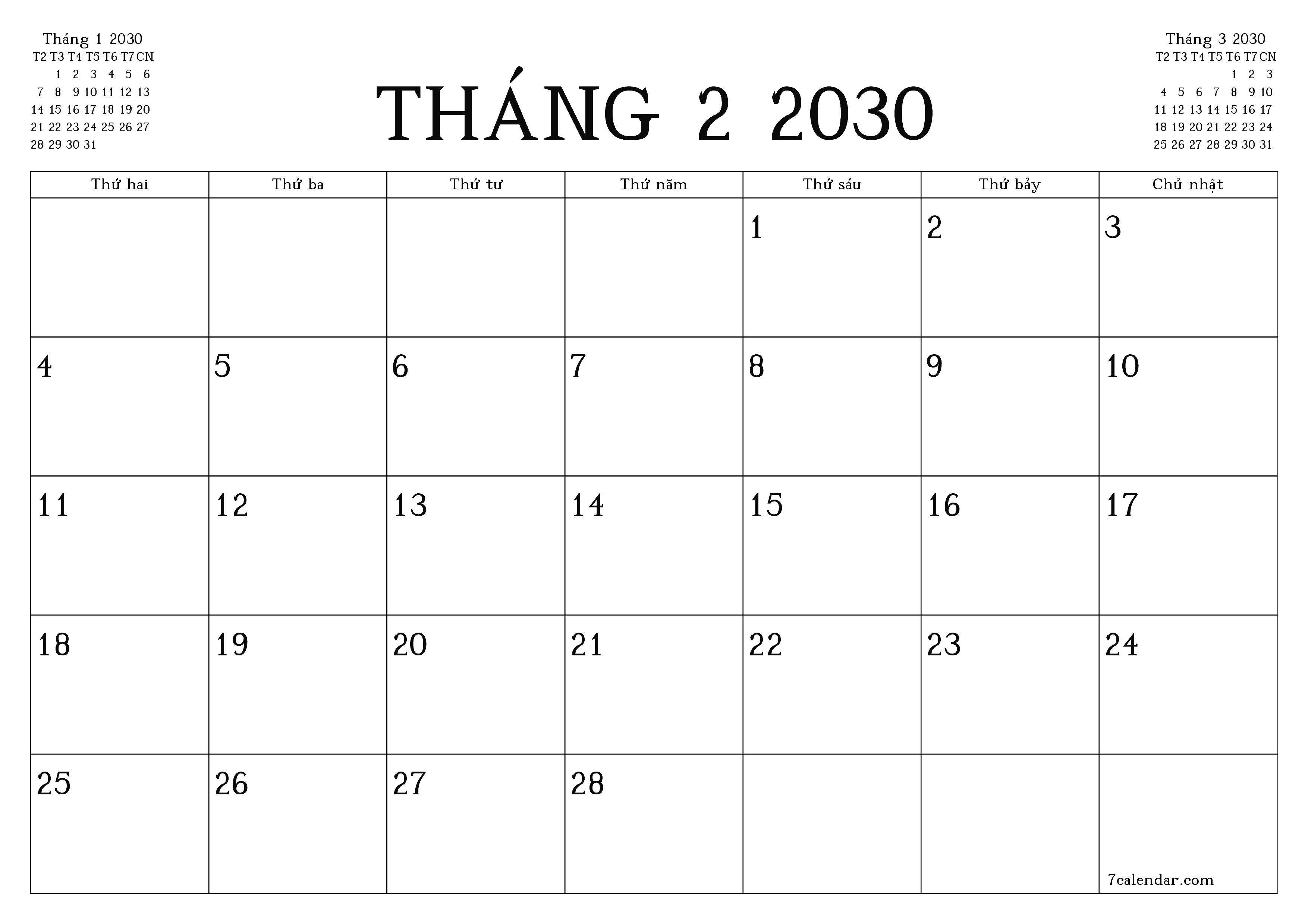 Công cụ lập kế hoạch hàng tháng trống cho tháng Tháng 2 2030 có ghi chú, lưu và in sang PDF PNG Vietnamese