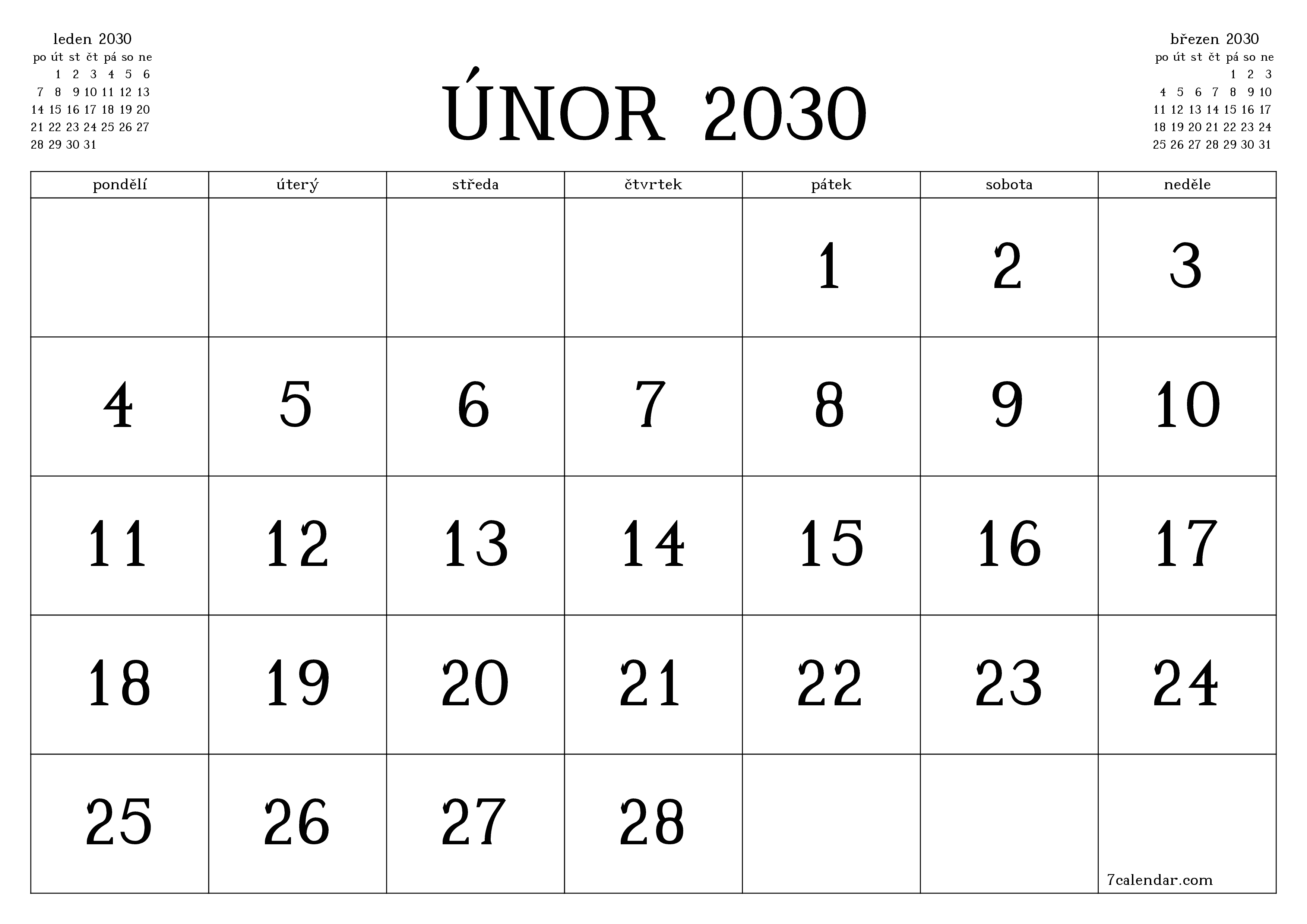 Vyprázdnit měsíční plánovač na měsíc únor 2030 s poznámkami, uložit a vytisknout do PDF PNG Czech