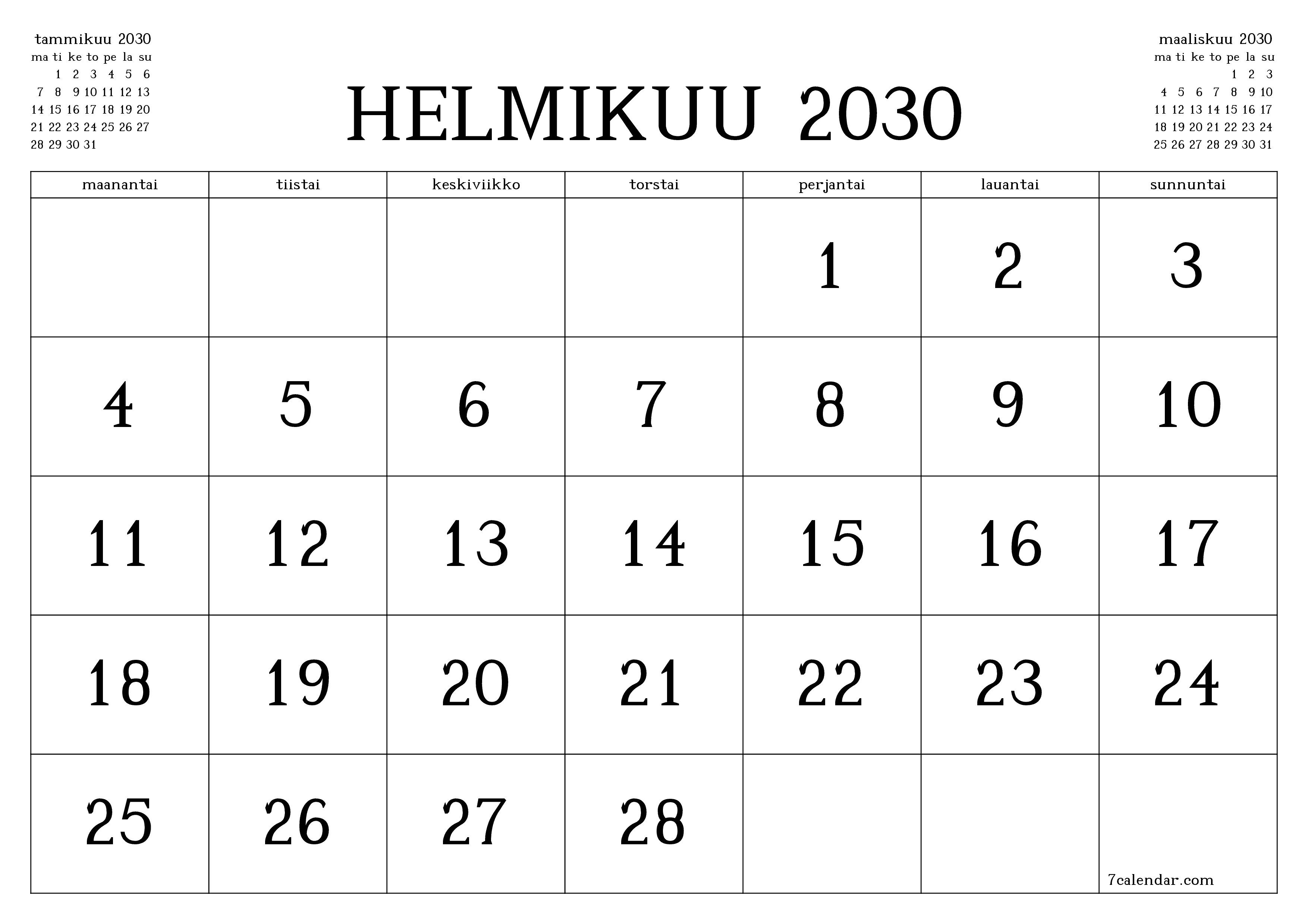 Tyhjennä kuukausittainen suunnittelija kuukaudelle Helmikuu 2030 muistiinpanoilla, tallenna ja tulosta PDF-muotoon PNG Finnish