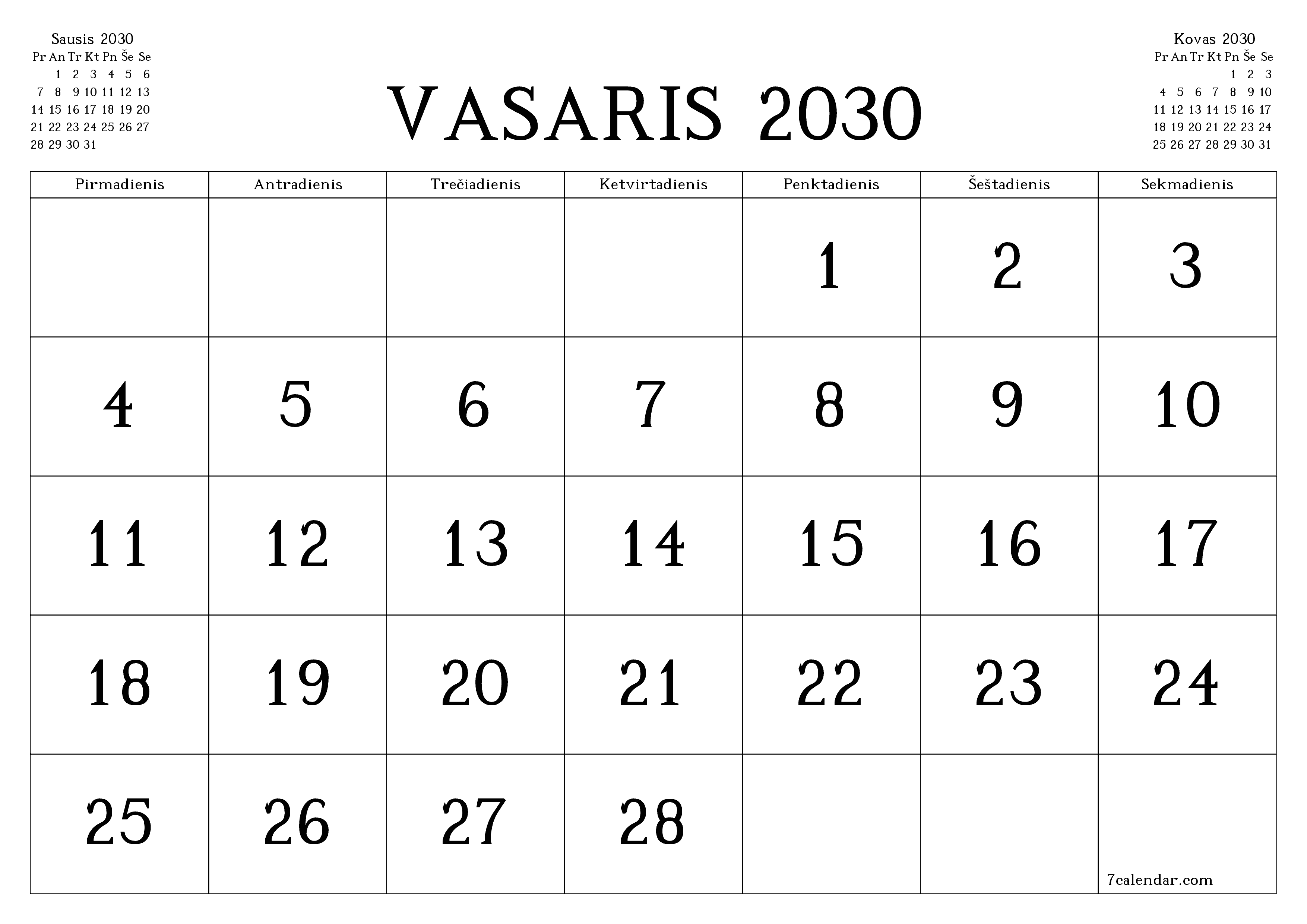 Ištuštinti mėnesio Vasaris 2030 mėnesio planavimo priemonę su užrašais, išsaugoti ir atsispausdinti PDF formate PNG Lithuanian