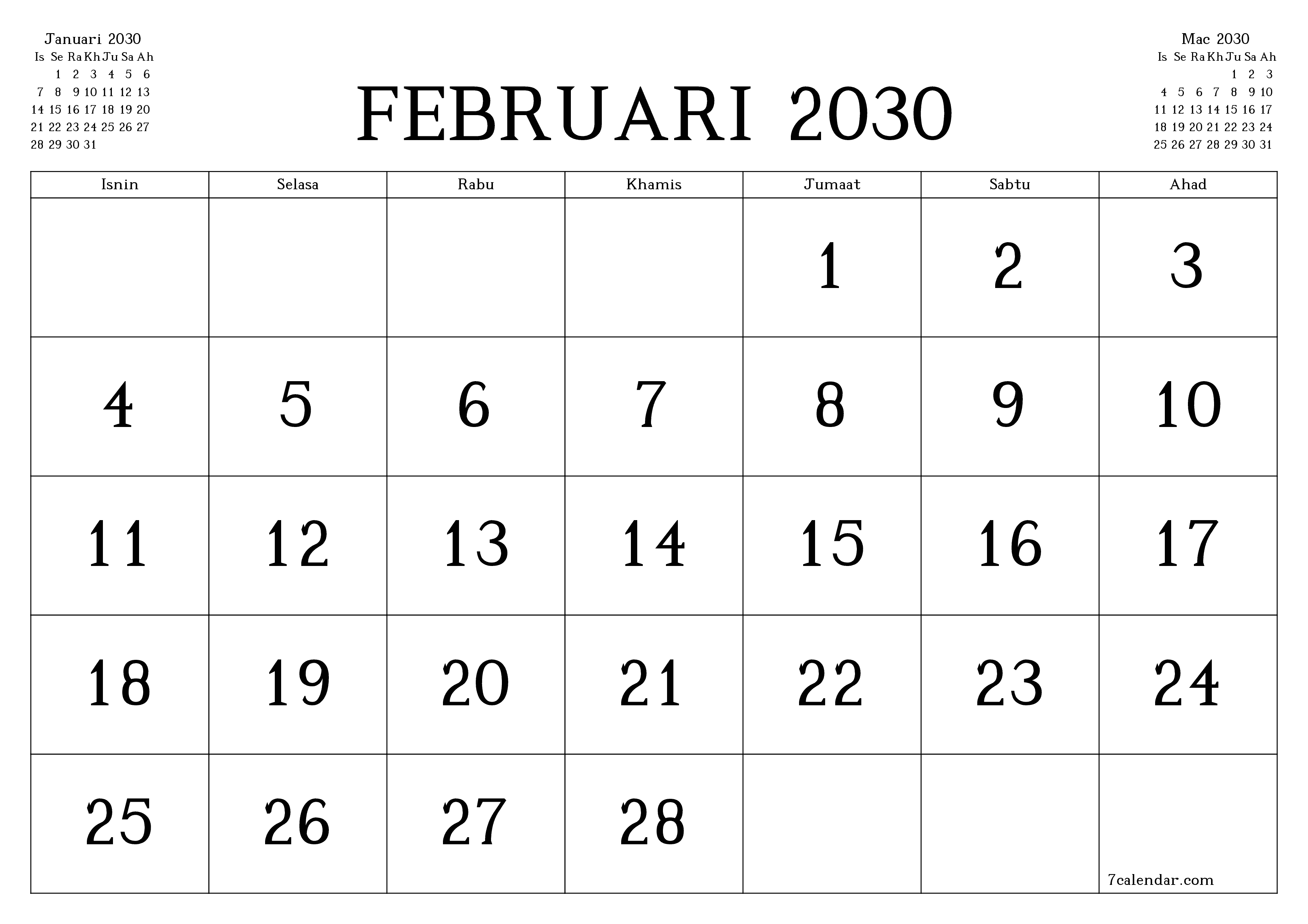 Perancang bulanan kosong untuk bulan Februari 2030 dengan nota, simpan dan cetak ke PDF PNG Malay