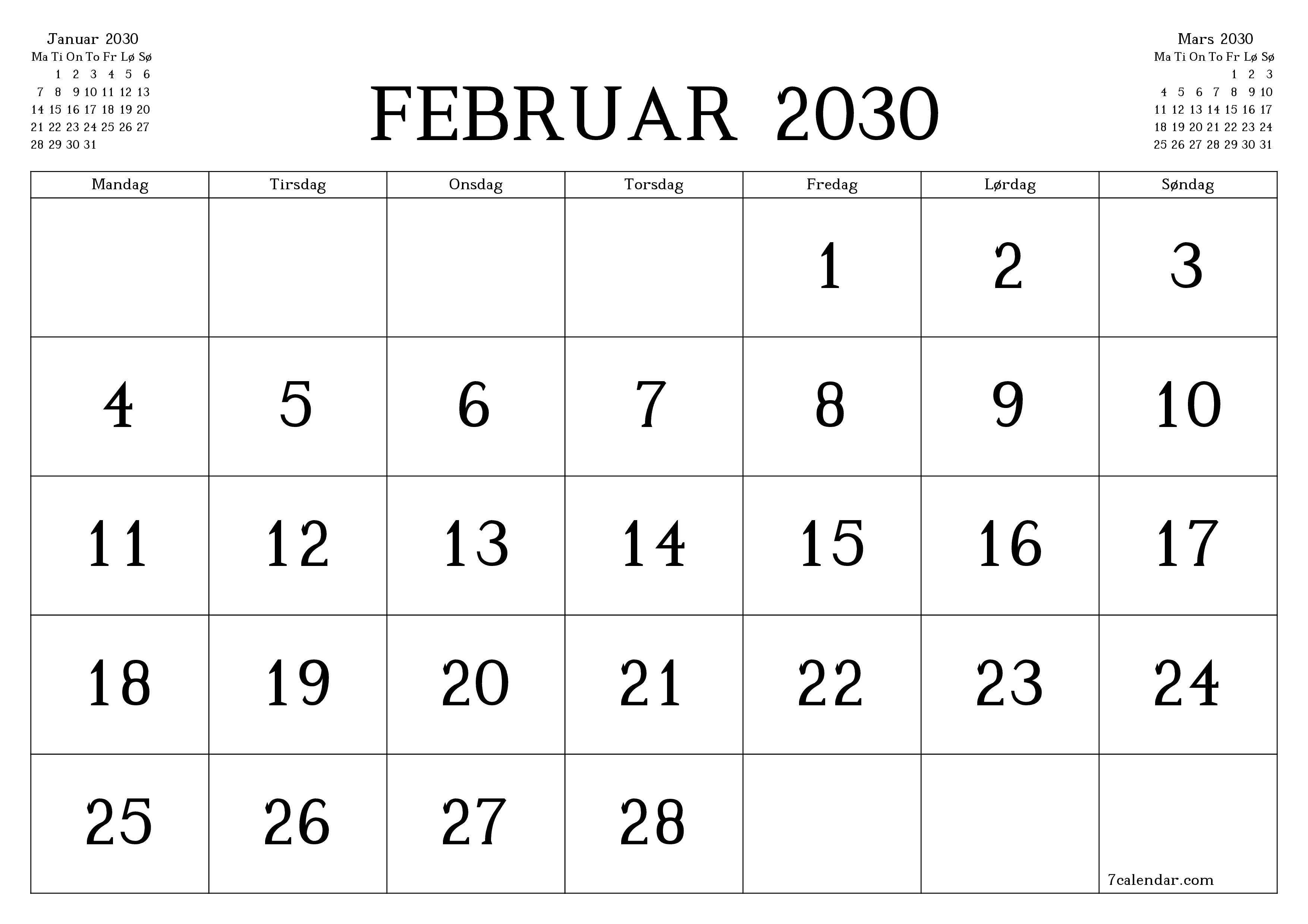 Tom månedlig planlegger for måned Februar 2030 med notater, lagre og skriv ut til PDF PNG Norwegian