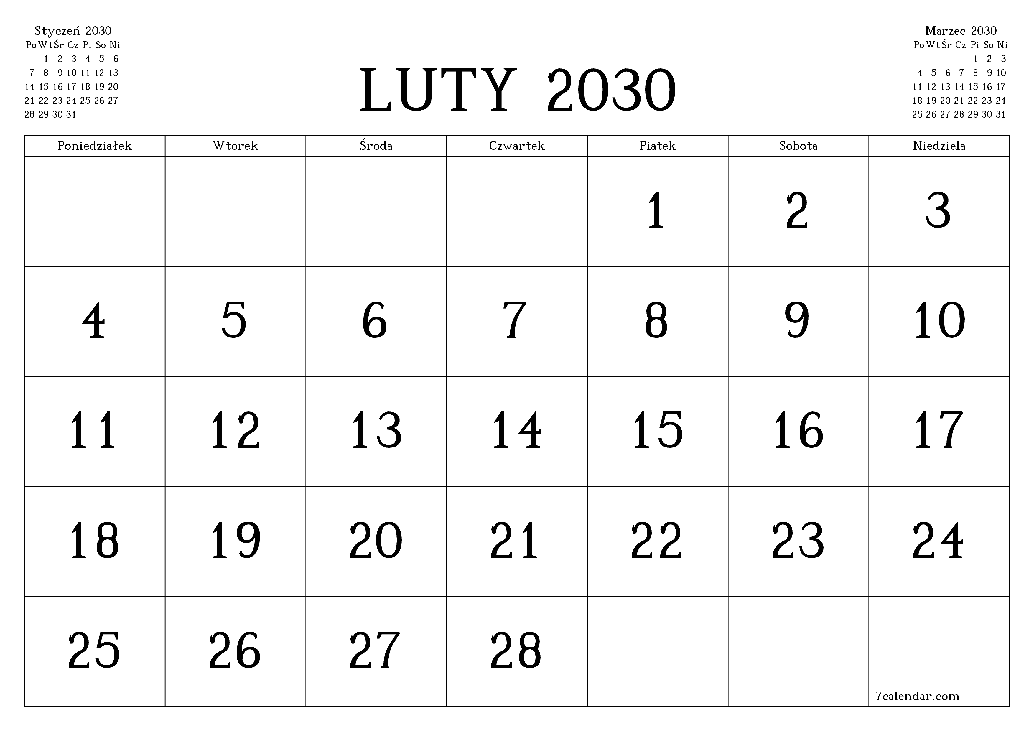 Opróżnij miesięczny planer na miesiąc Luty 2030 z notatkami, zapisz i wydrukuj w formacie PDF PNG Polish