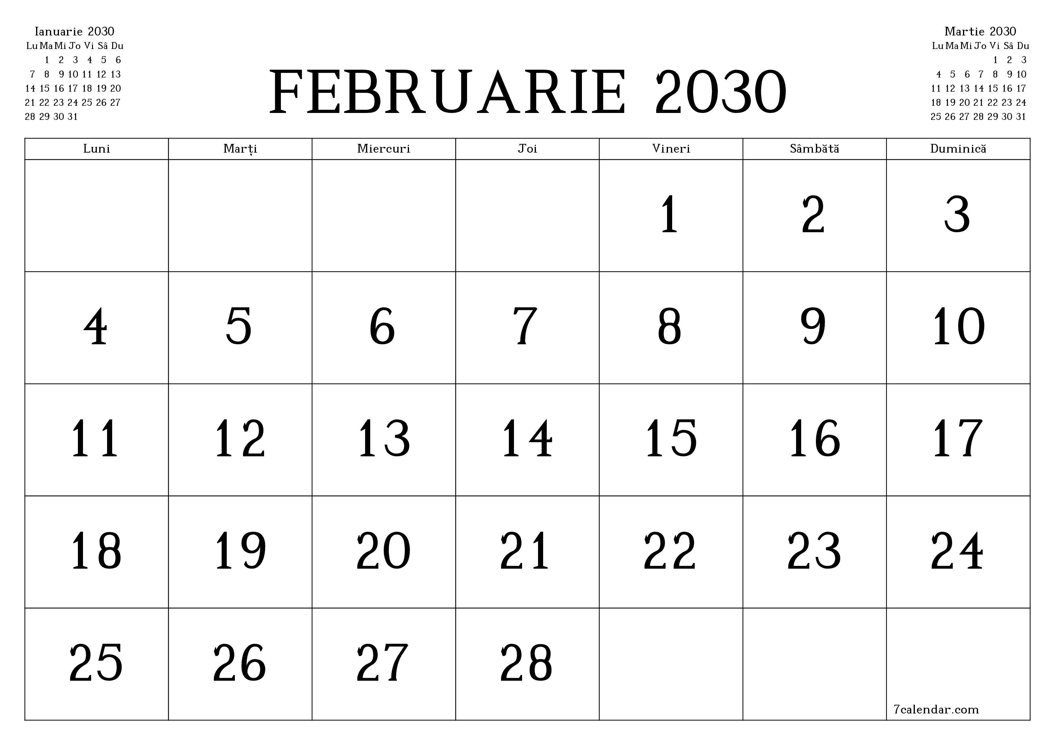 Planificator lunar gol pentru luna Februarie 2030 cu note, salvați și tipăriți în PDF PNG Romanian