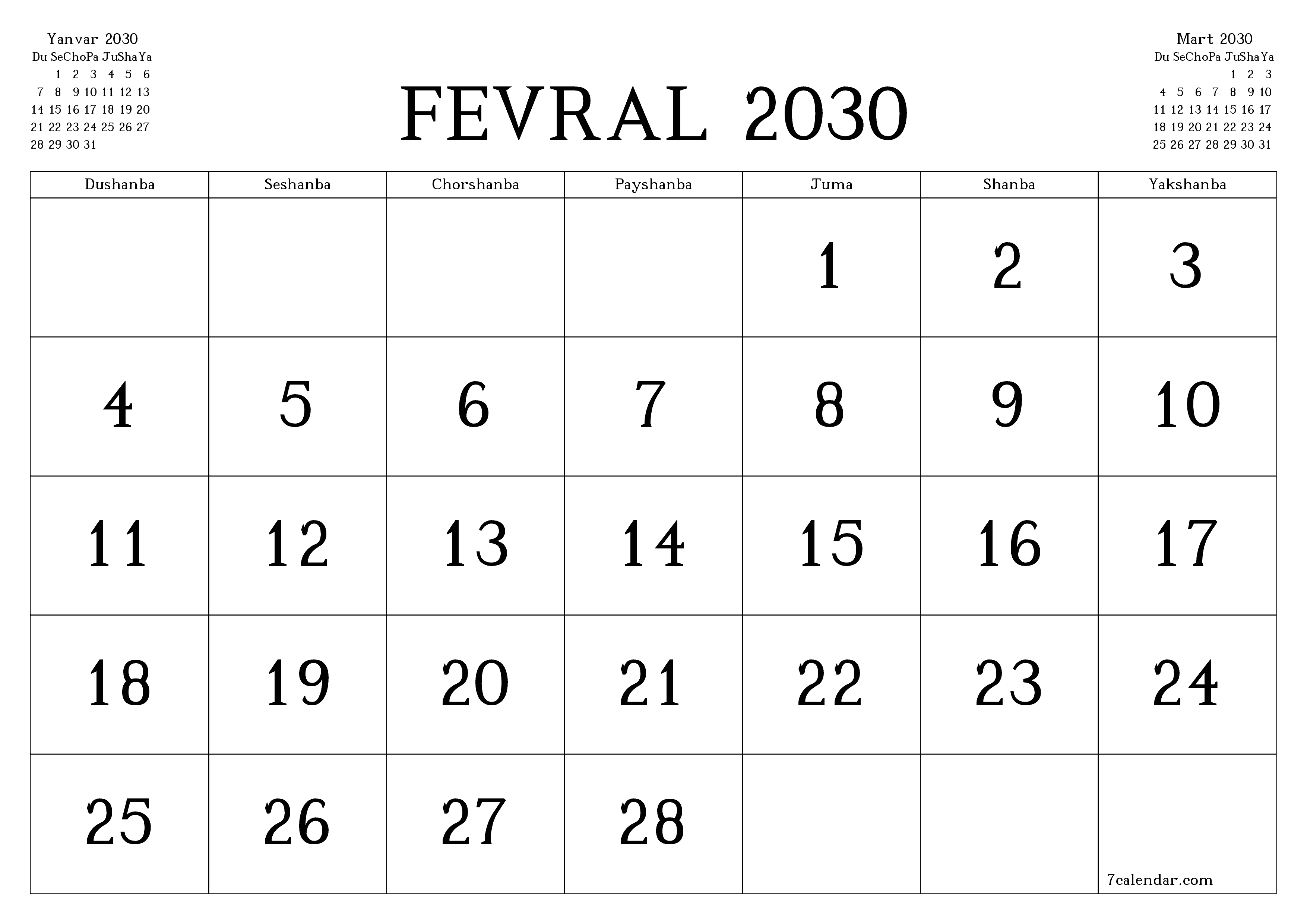 Fevral 2030 oylik oylik rejalashtiruvchini yozuvlar bilan bo'shatish, saqlash va PDF-ga chop etish PNG Uzbek