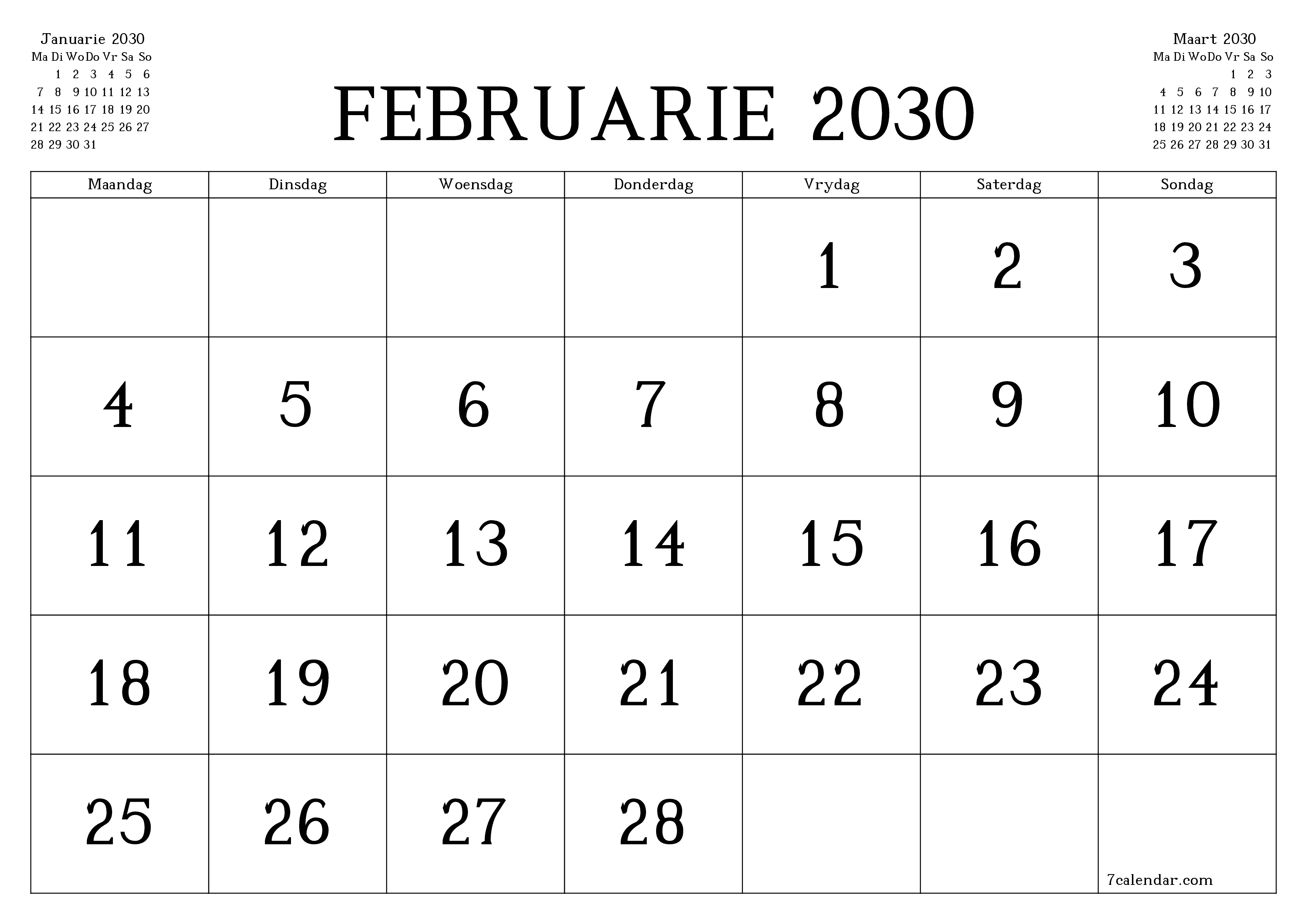 Leë maandelikse drukbare kalender en beplanner vir maand Februarie 2030 met notas stoor en druk na PDF PNG Afrikaans