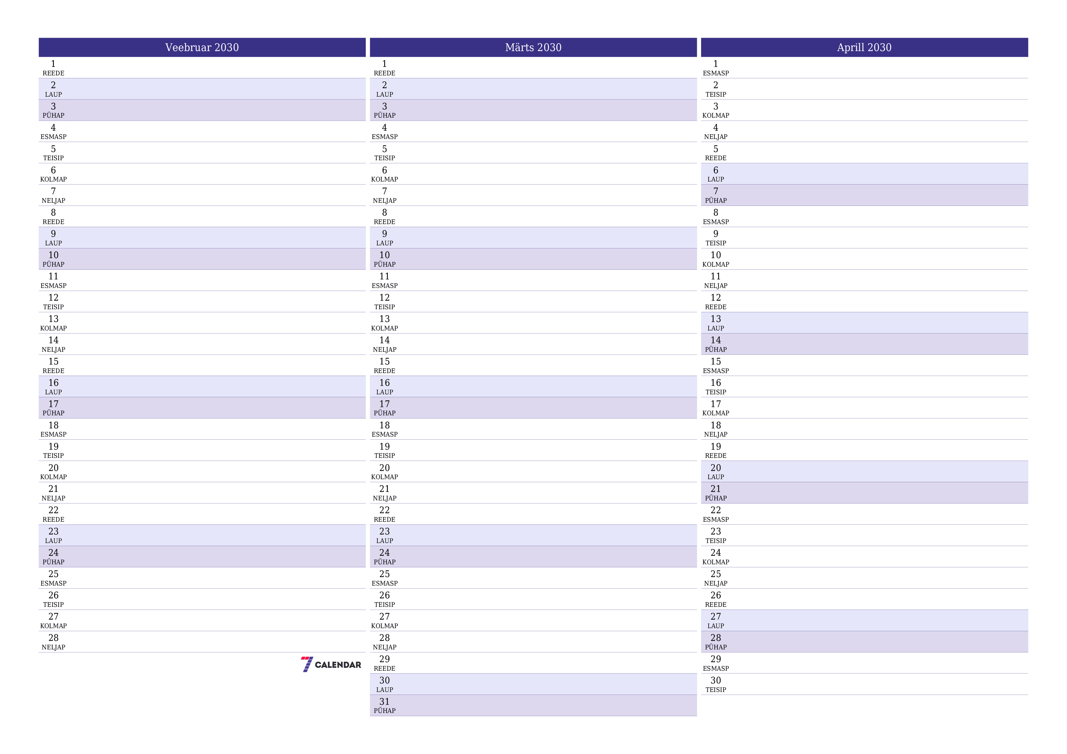 Tühjendage kuu Veebruar 2030 kuuplaneerija märkmetega, salvestage ja printige PDF-i PNG Estonian