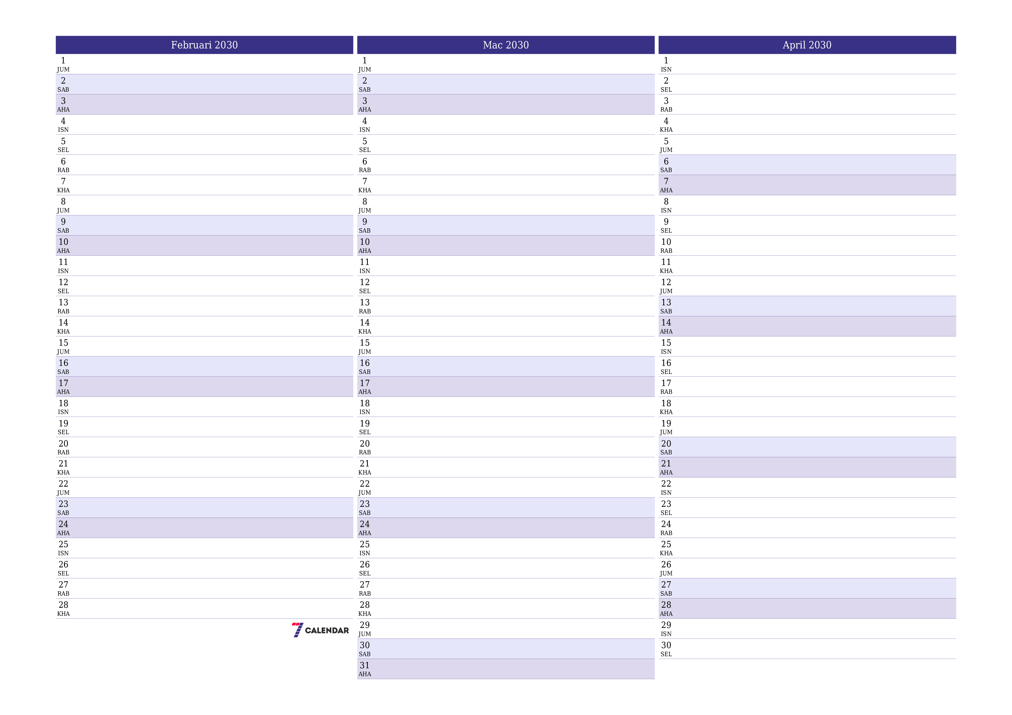 Perancang bulanan kosong untuk bulan Februari 2030 dengan nota, simpan dan cetak ke PDF PNG Malay