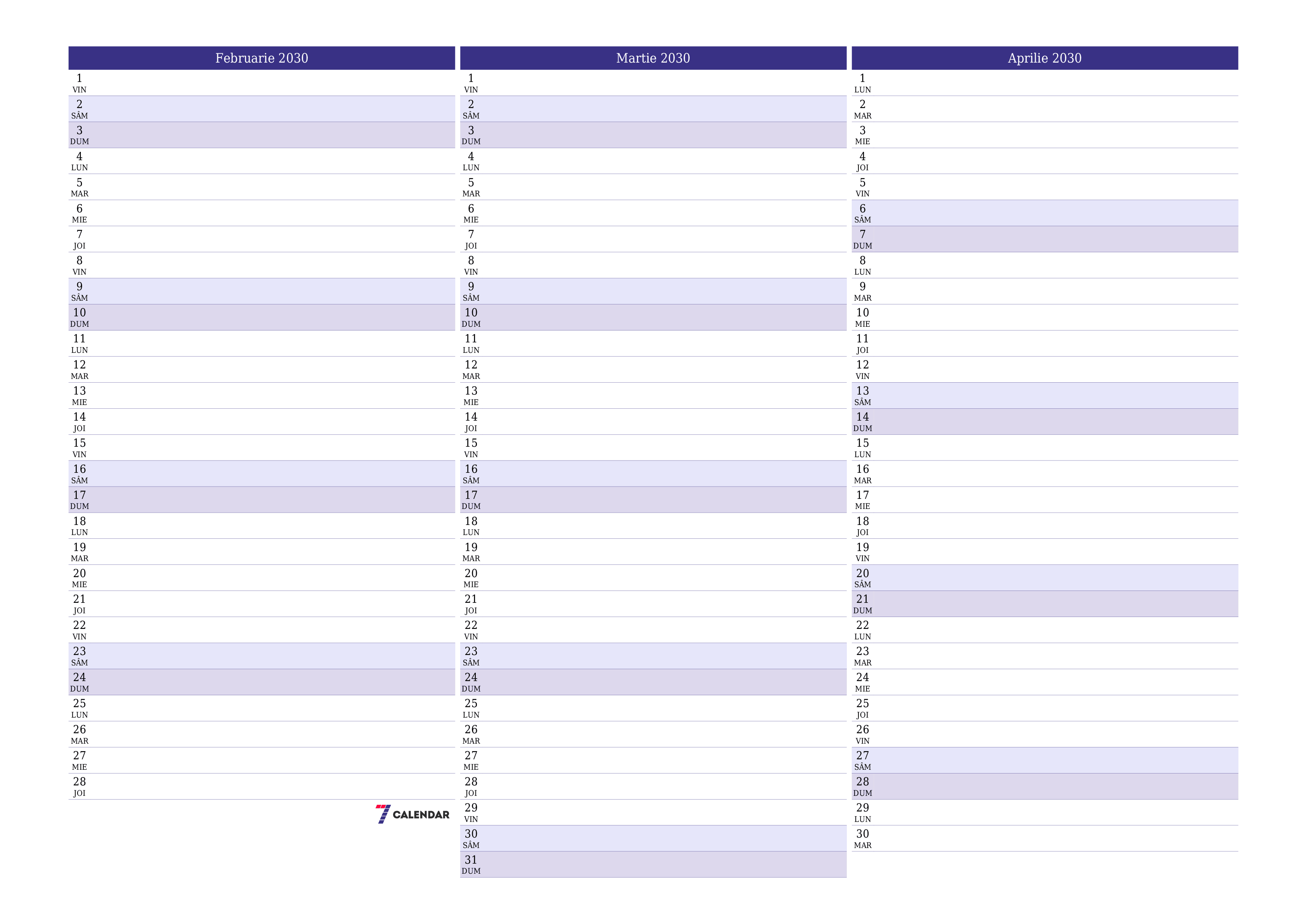 Planificator lunar gol pentru luna Februarie 2030 cu note, salvați și tipăriți în PDF PNG Romanian